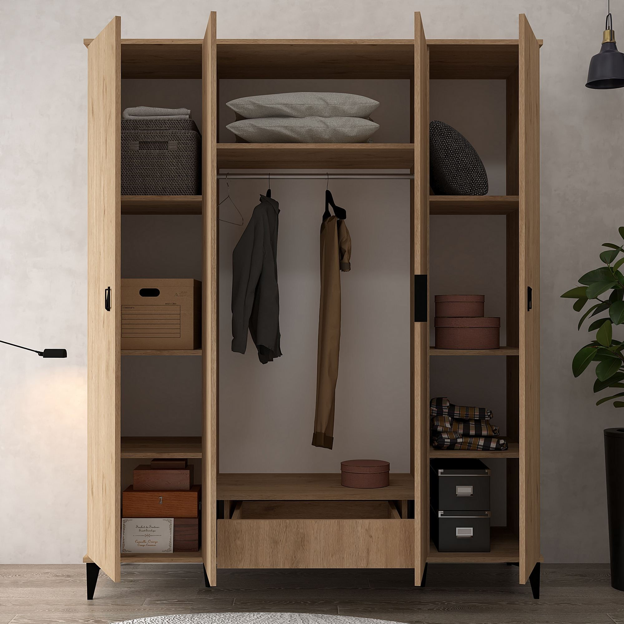 Dulap haine Neva 6401, 164 x 200 x 52 cm, stejar safir, PAL melaminat, spatiu de depozitare, fixare pe perete — imaginea 2
