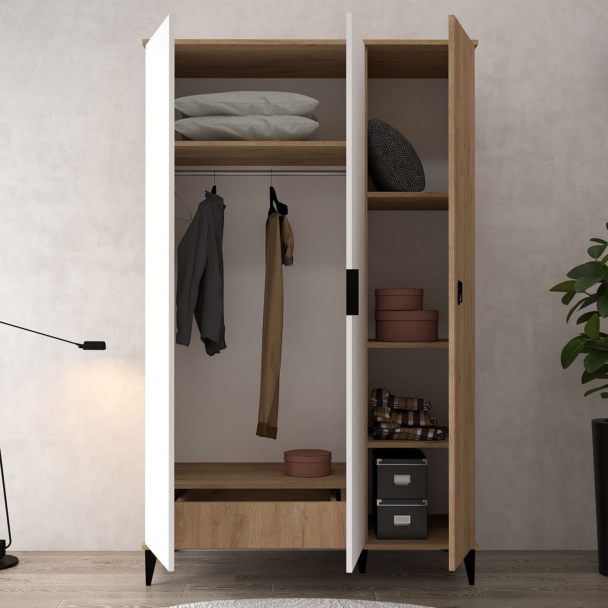 Dulap haine Neva 6303, stejar safir alb, PAL melaminat, spatiu de depozitare, fixare pe perete — imaginea 2