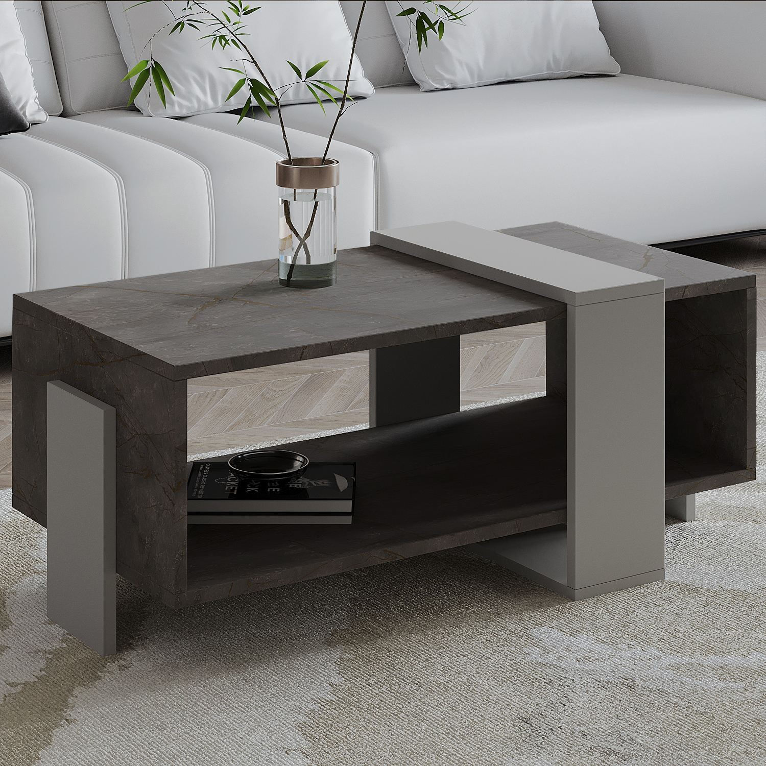 Masa de cafea Meleni, 90 x 40 x 49 cm, gordion marmura gri, PAL melaminat, design compact, gordion marble / gri — imaginea 2