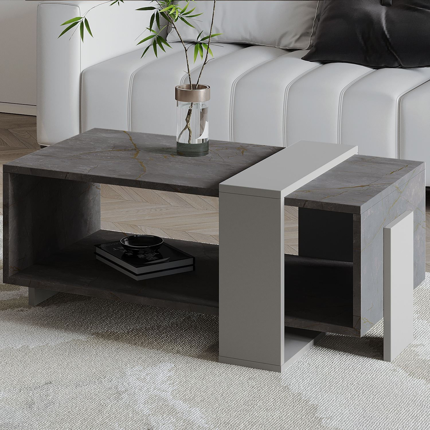 Masa de cafea Meleni, 90 x 40 x 49 cm, gordion marmura gri, PAL melaminat, design compact, gordion marble / gri — imaginea 5