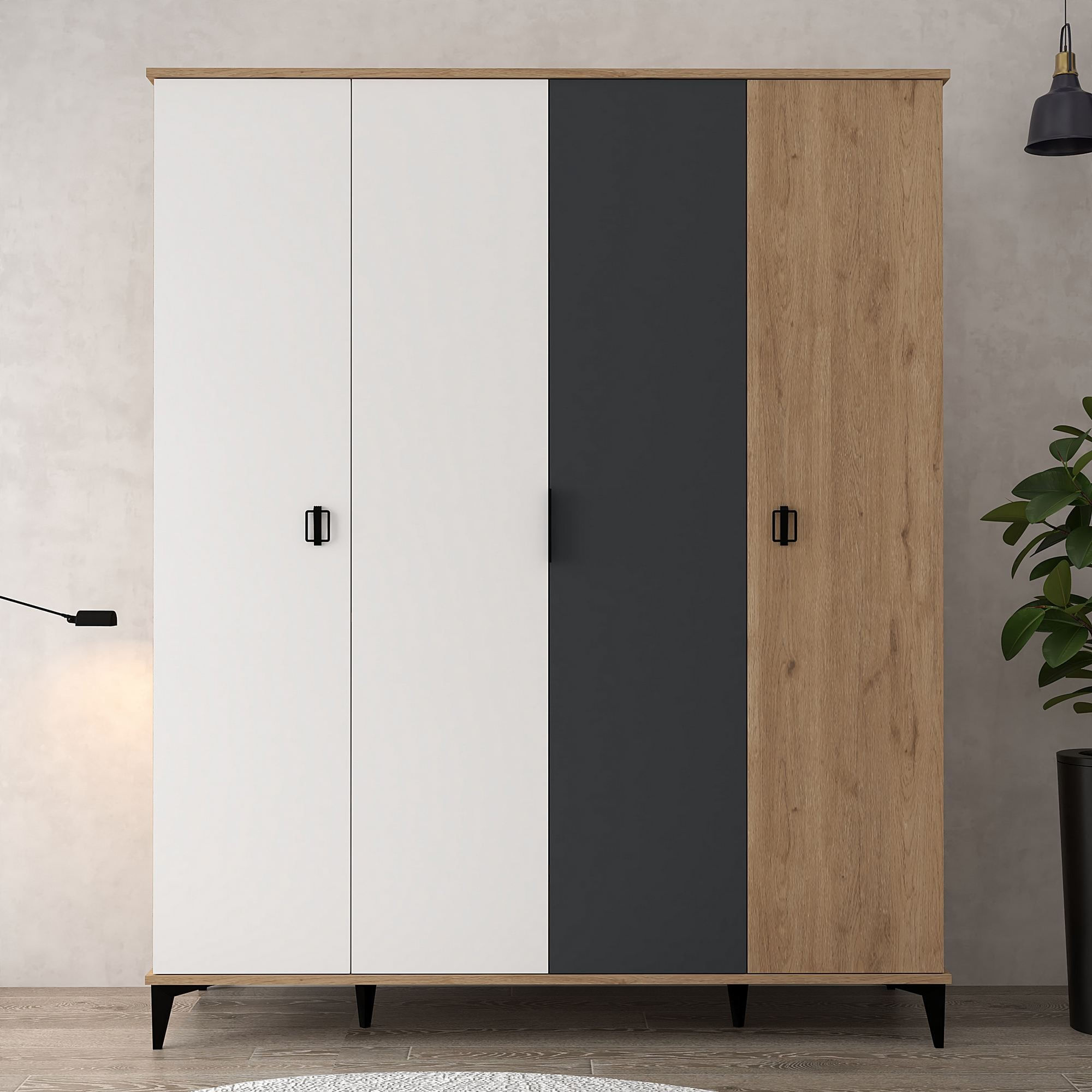 Dulap haine Neva 6402, 164 x 200 x 52 cm, stejar alb antracit, PAL melaminat, spatiu de depozitare, fixare pe perete — imaginea 2