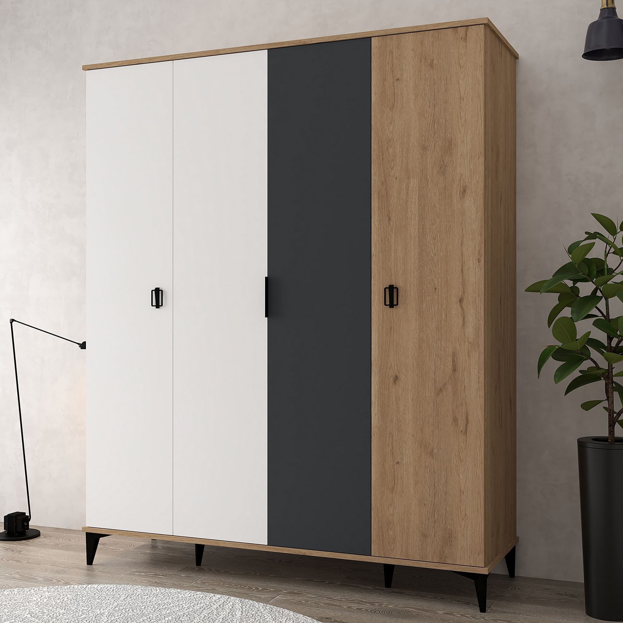 Dulap haine Neva 6402, 164 x 200 x 52 cm, stejar alb antracit, PAL melaminat, spatiu de depozitare, fixare pe perete — imaginea 3