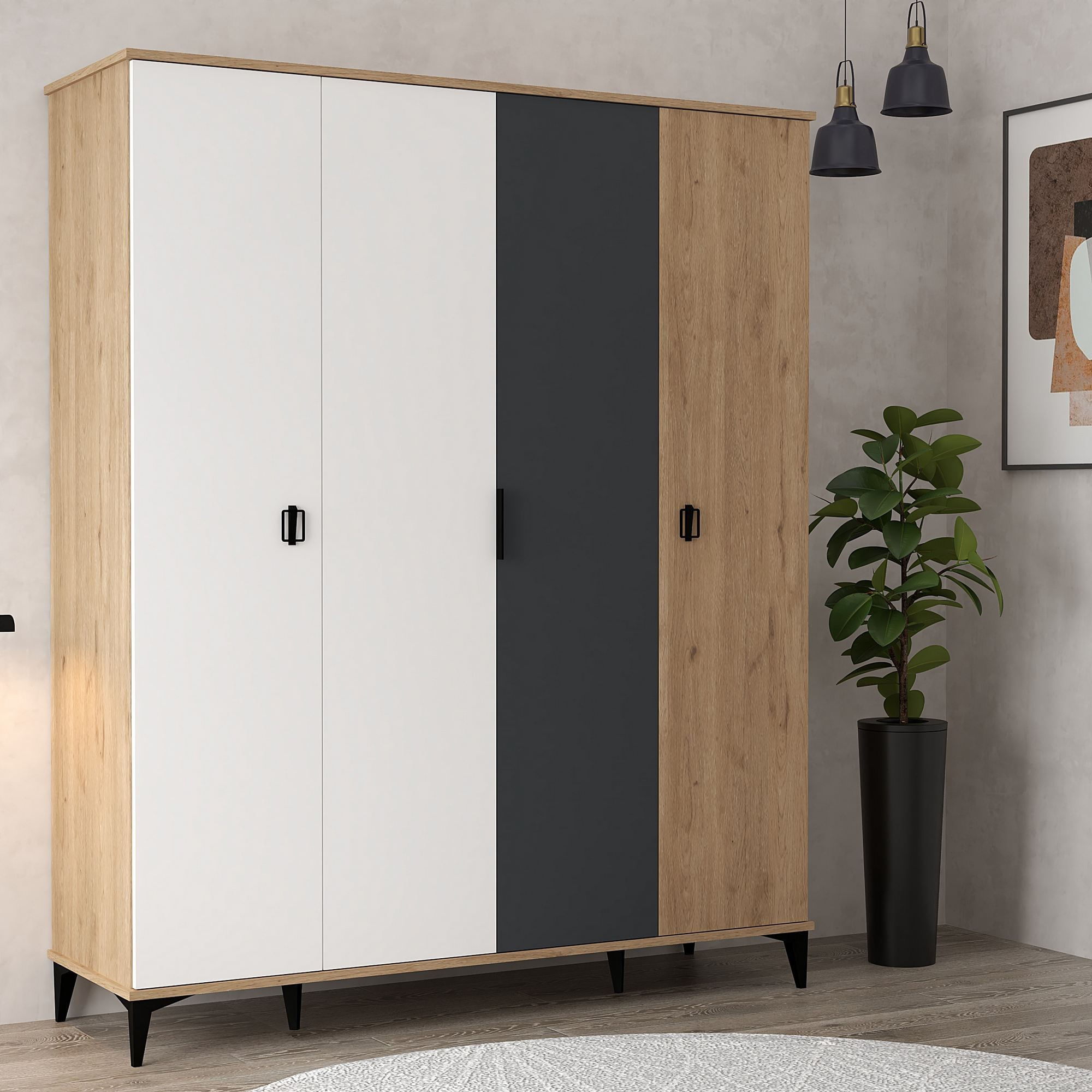 Dulap haine Neva 6402, 164 x 200 x 52 cm, stejar alb antracit, PAL melaminat, spatiu de depozitare, fixare pe perete — imaginea 5
