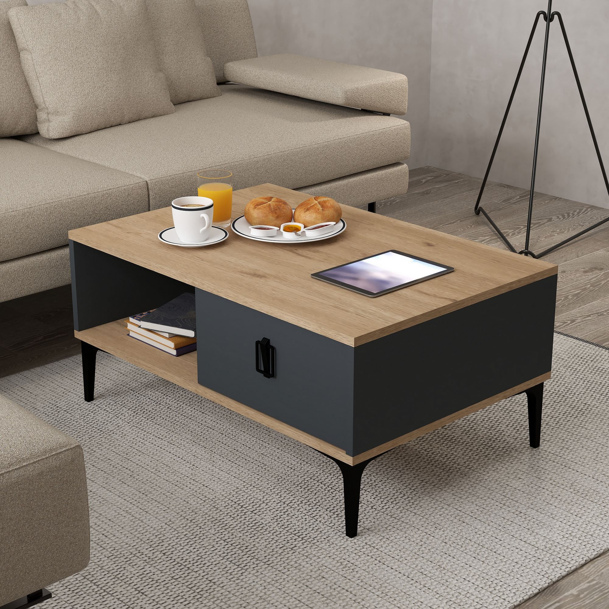 Masa de cafea Sare 2003, 90 x 41,5 x 60 cm, stejar safir antracit, PAL melaminat, design compact — imaginea 5
