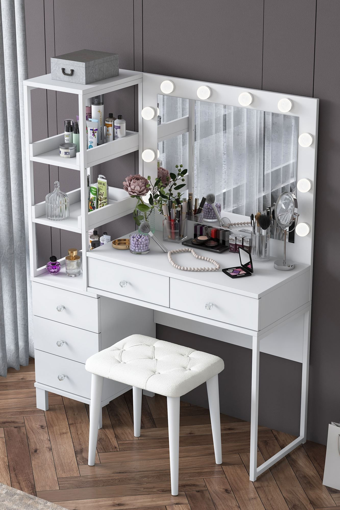 Masa de machiaj BJ155, 120 x 79,8 x 44,5 cm, alb, PAL, oglinda inclusa — imaginea 2