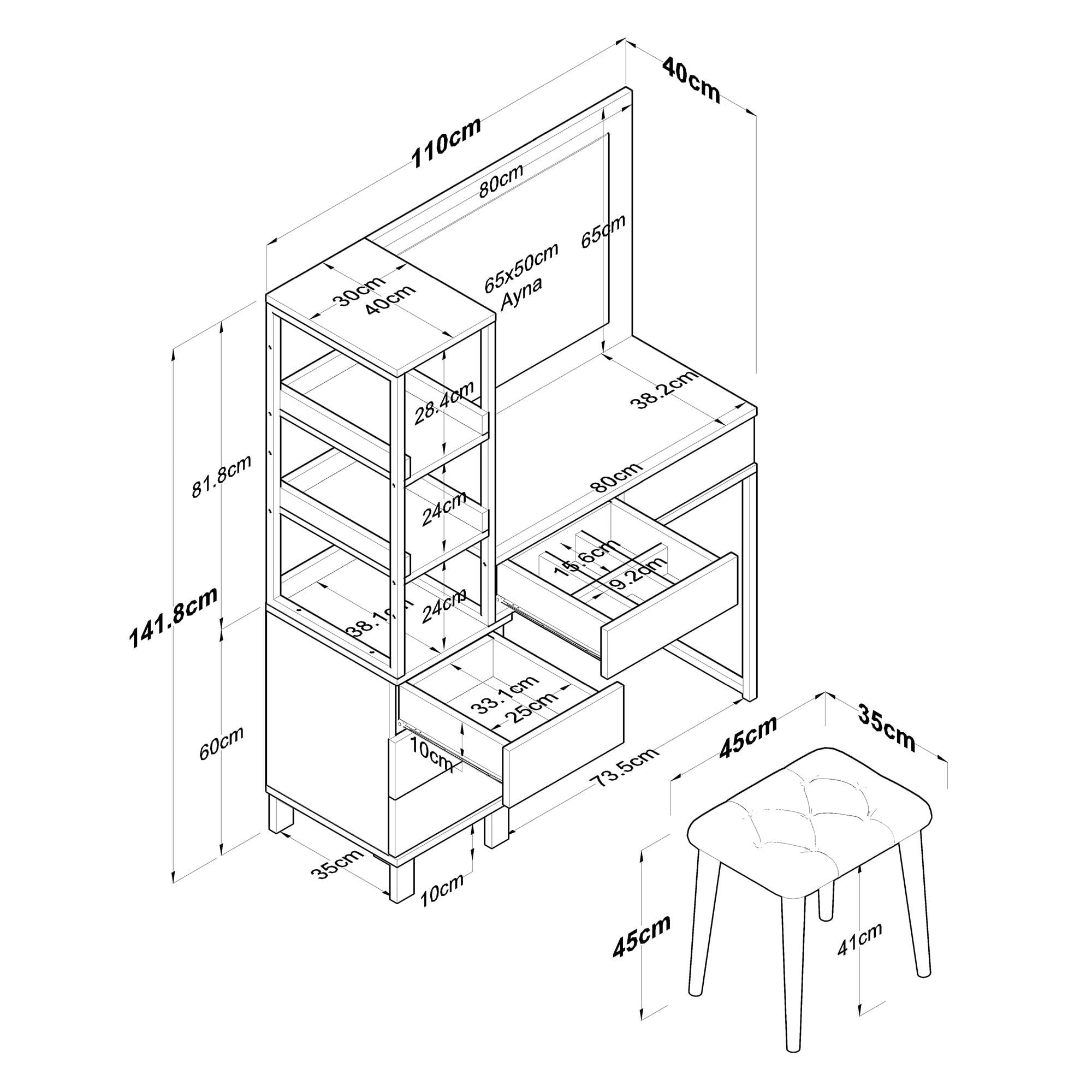 Masa de machiaj BJ155, 120 x 79,8 x 44,5 cm, alb, PAL, oglinda inclusa — imaginea 4