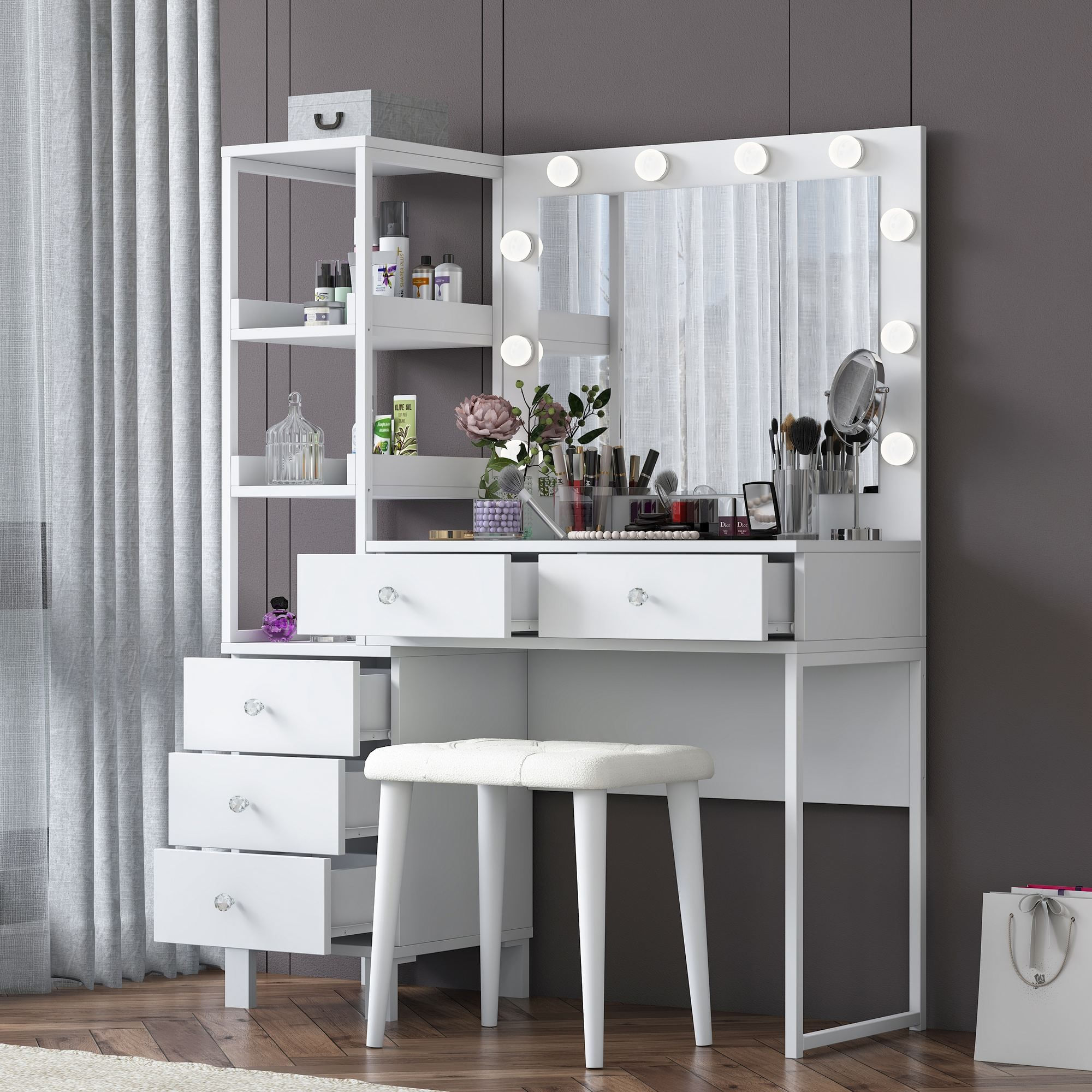 Masa de machiaj BJ155, 120 x 79,8 x 44,5 cm, alb, PAL, oglinda inclusa — imaginea 5