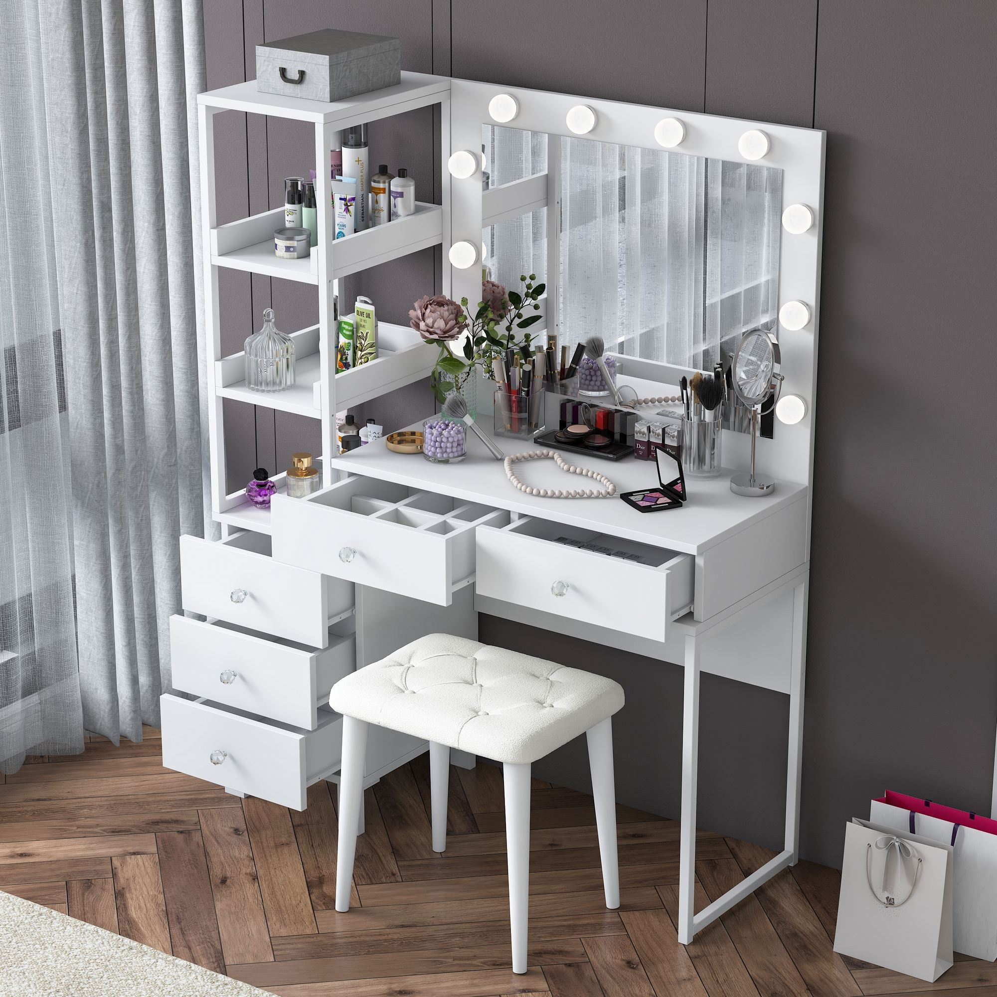 Masa de machiaj BJ155, 120 x 79,8 x 44,5 cm, alb, PAL, oglinda inclusa — imaginea 6