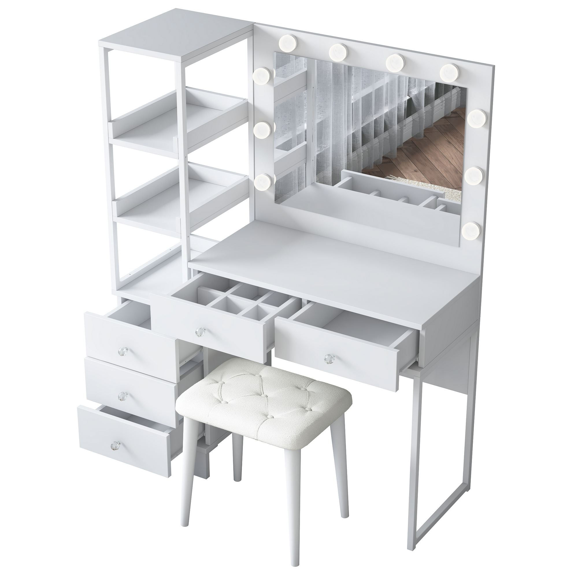 Masa de machiaj BJ155, 120 x 79,8 x 44,5 cm, alb, PAL, oglinda inclusa — imaginea 7