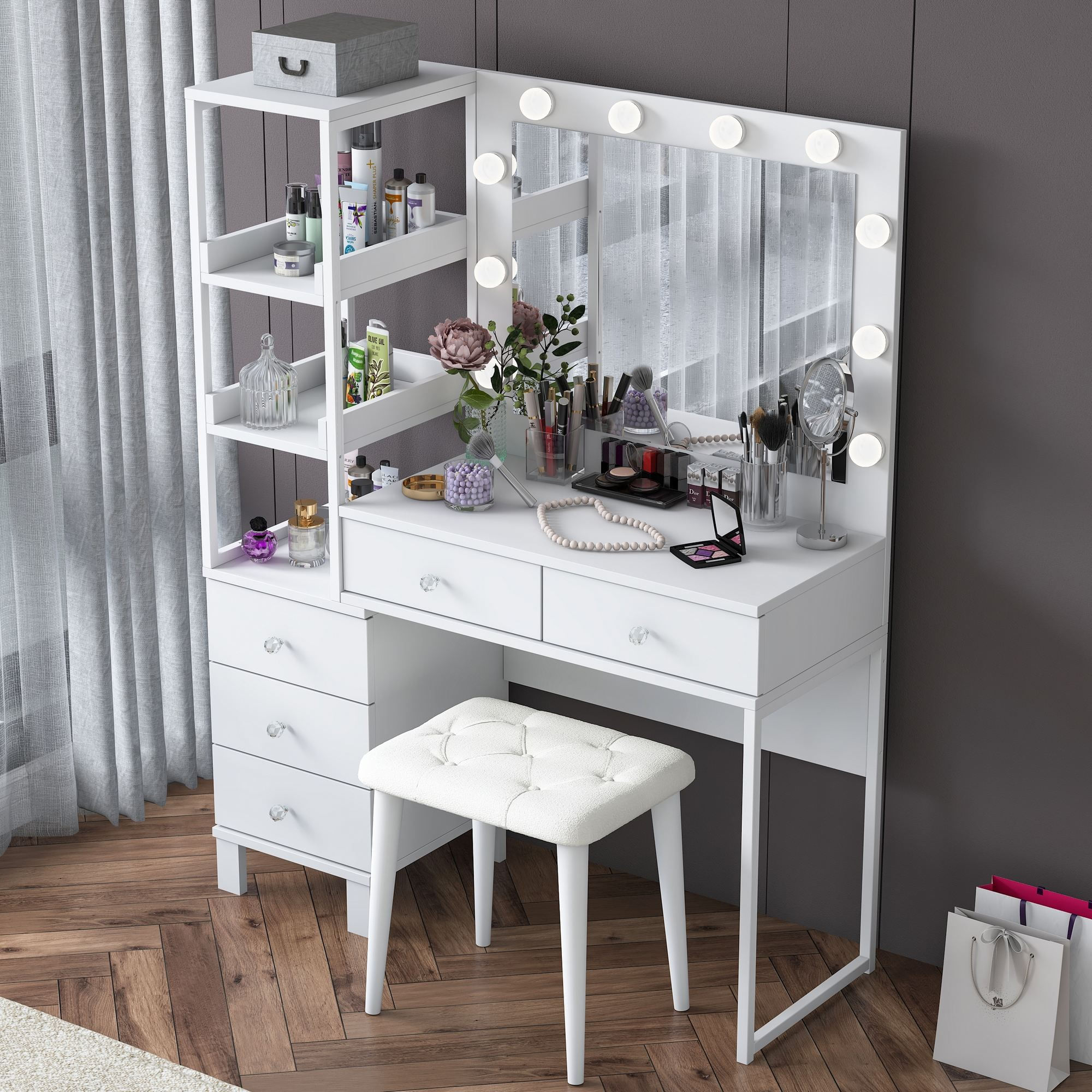 Masa de machiaj BJ155, 120 x 79,8 x 44,5 cm, alb, PAL, oglinda inclusa — imaginea 8