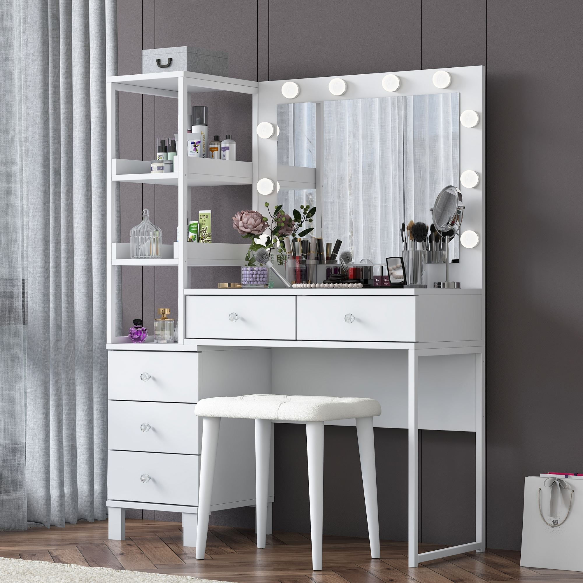 Masa de machiaj BJ155, 120 x 79,8 x 44,5 cm, alb, PAL, oglinda inclusa — imaginea 11