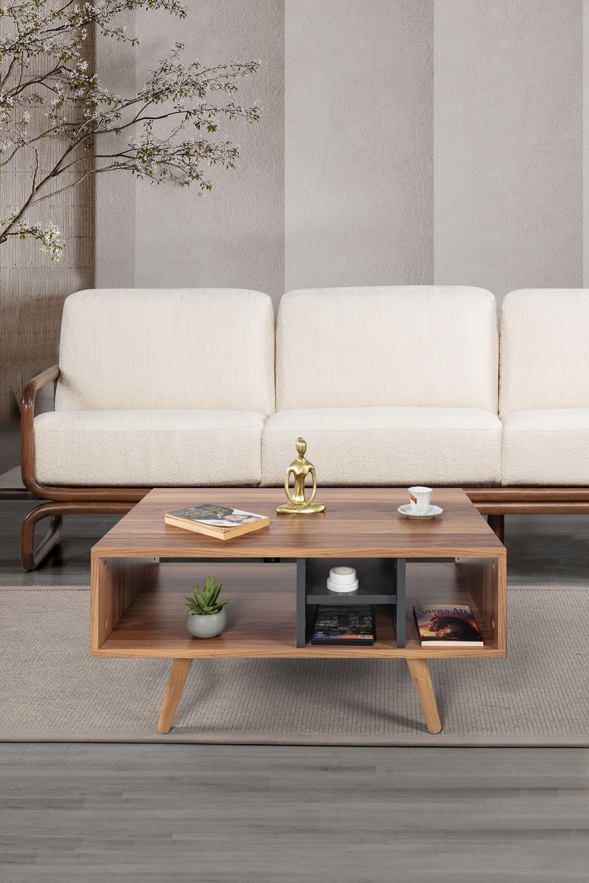 Masa de cafea Sina 2026, 90 x 43 x 55 cm, nuc antracit, PAL melaminat, design compact — imaginea 2