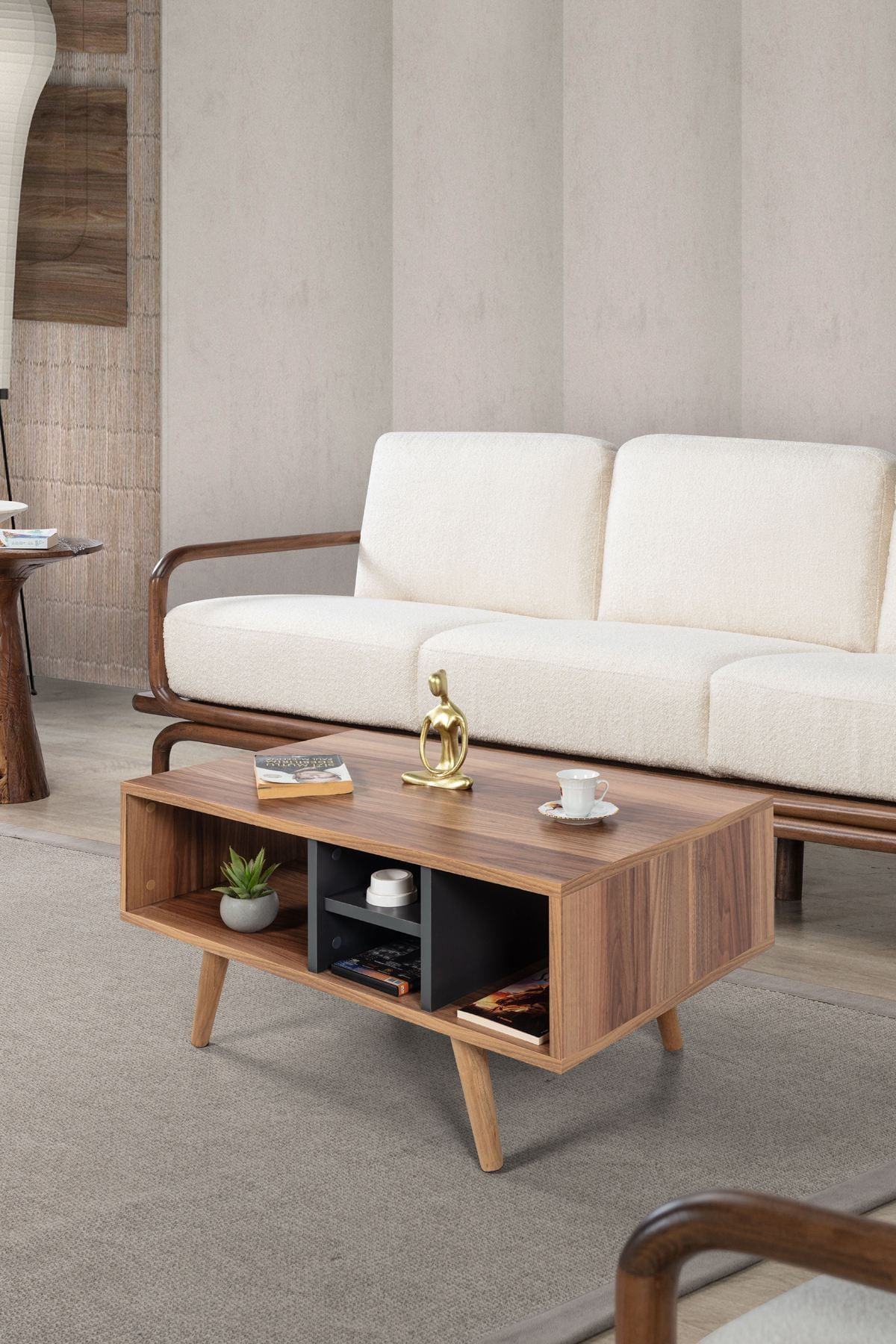 Masa de cafea Sina 2026, 90 x 43 x 55 cm, nuc antracit, PAL melaminat, design compact — imaginea 3
