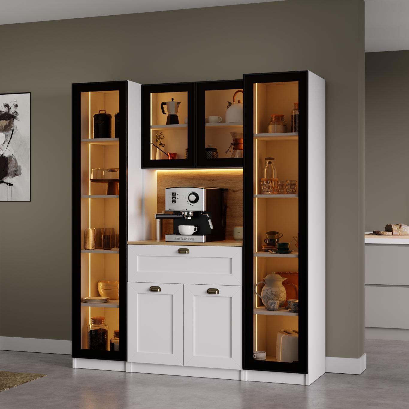 Dulap pentru cafea Nero Duo 1600-223, 160 x 190 x 44 cm, alb, PAL melaminat, spatiu de depozitare, fixare pe perete — imaginea 7