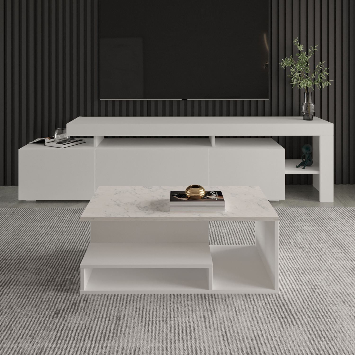 Masa de cafea Vera Mini, 90 x 35 x 44, 8 cm, alb marmura, PAL melaminat, design compact, alb / marble — imaginea 3