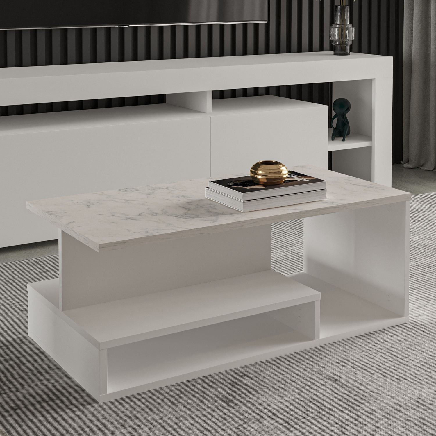 Masa de cafea Vera Mini, 90 x 35 x 44, 8 cm, alb marmura, PAL melaminat, design compact, alb / marble — imaginea 4