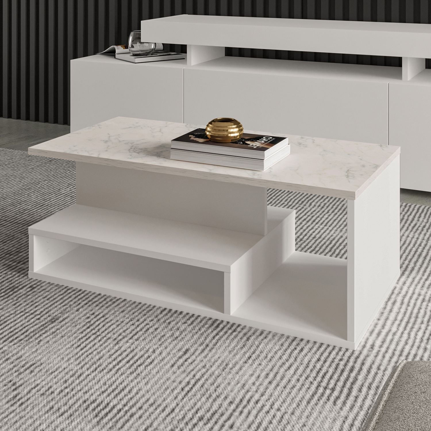 Masa de cafea Vera Mini, 90 x 35 x 44, 8 cm, alb marmura, PAL melaminat, design compact, alb / marble — imaginea 5