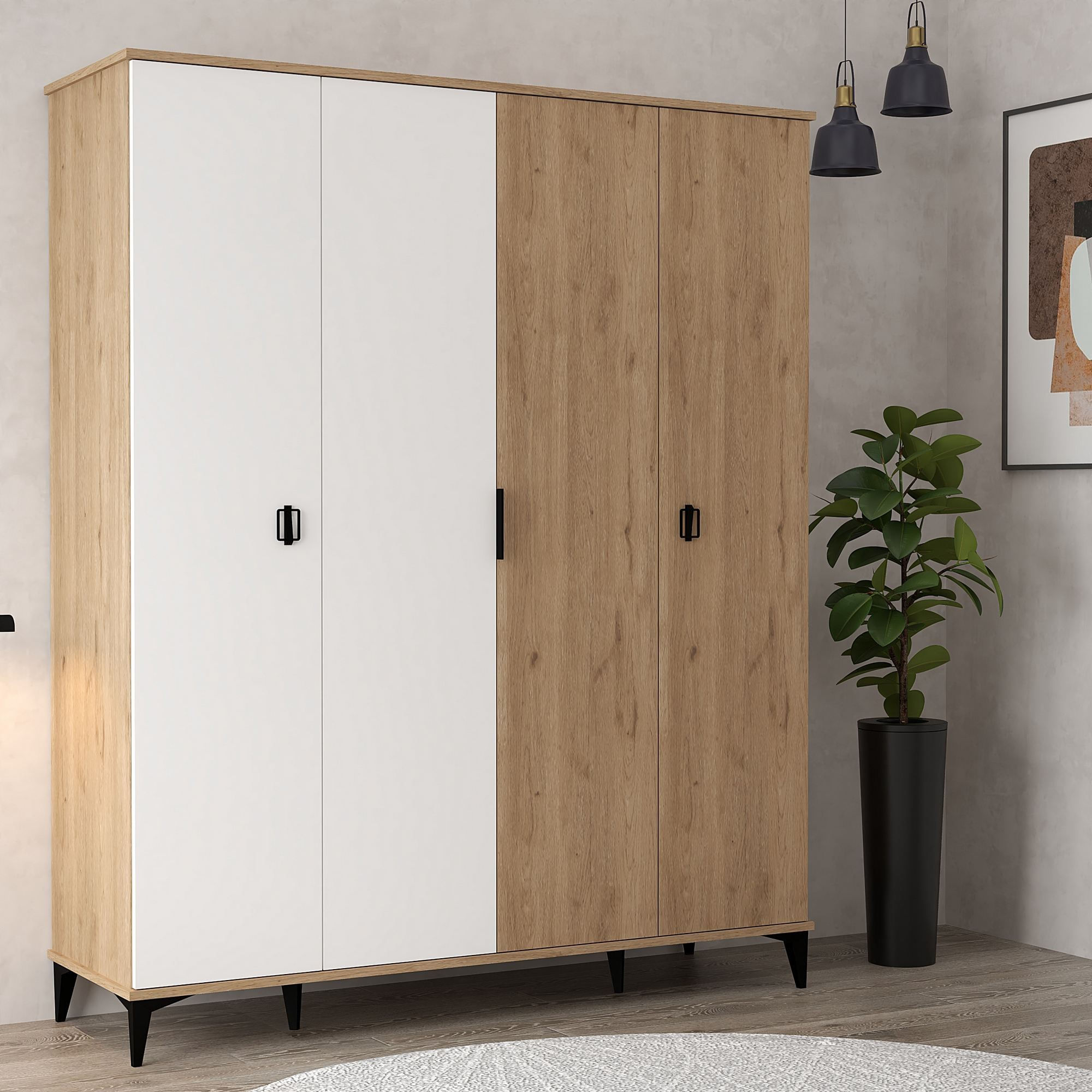 Dulap haine Neva 6403, 164 x 200 x 52 cm, stejar safir alb, PAL melaminat, spatiu de depozitare, fixare pe perete — imaginea 2
