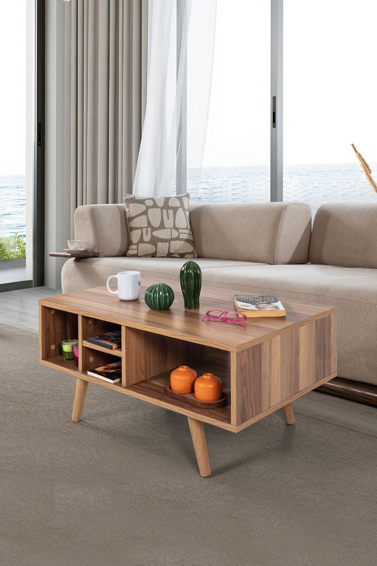 Masa de cafea Sina 2027, 90 x 43 x 55 cm, nuc, PAL melaminat, design compact