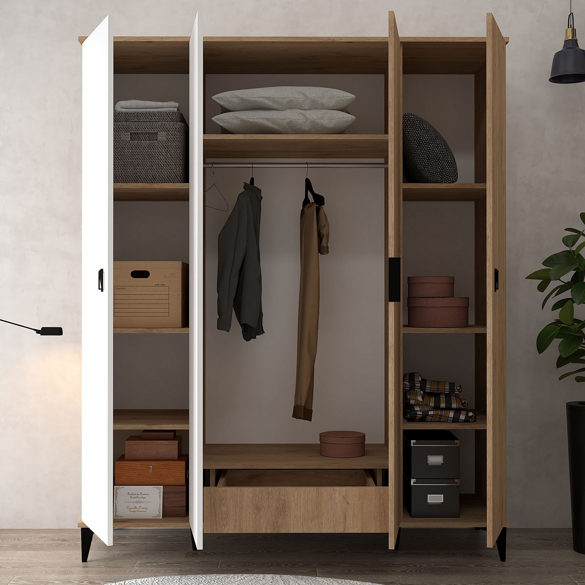 Dulap haine Neva 6403, 164 x 200 x 52 cm, stejar safir alb, PAL melaminat, spatiu de depozitare, fixare pe perete — imaginea 4