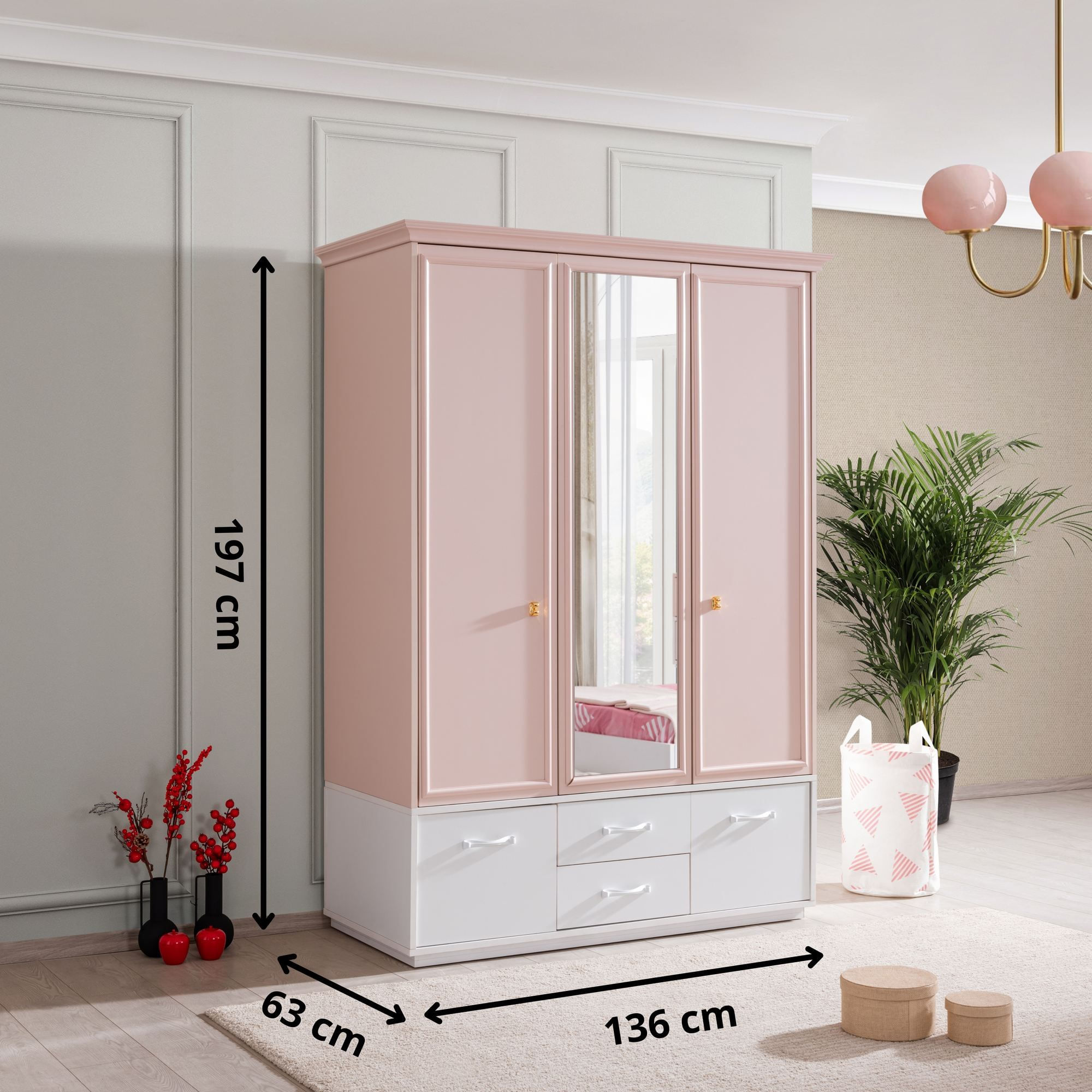Dulap haine Rosa, 136 x 197 x 63 cm, roz alb, PAL melaminat, spatiu de depozitare, fixare pe perete — imaginea 7