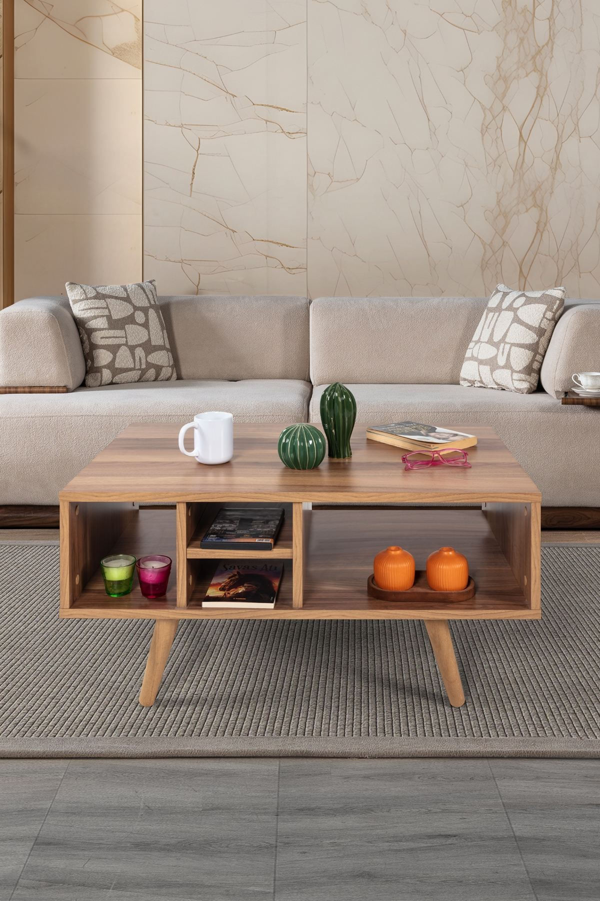 Masa de cafea Sina 2027, 90 x 43 x 55 cm, nuc, PAL melaminat, design compact — imaginea 3