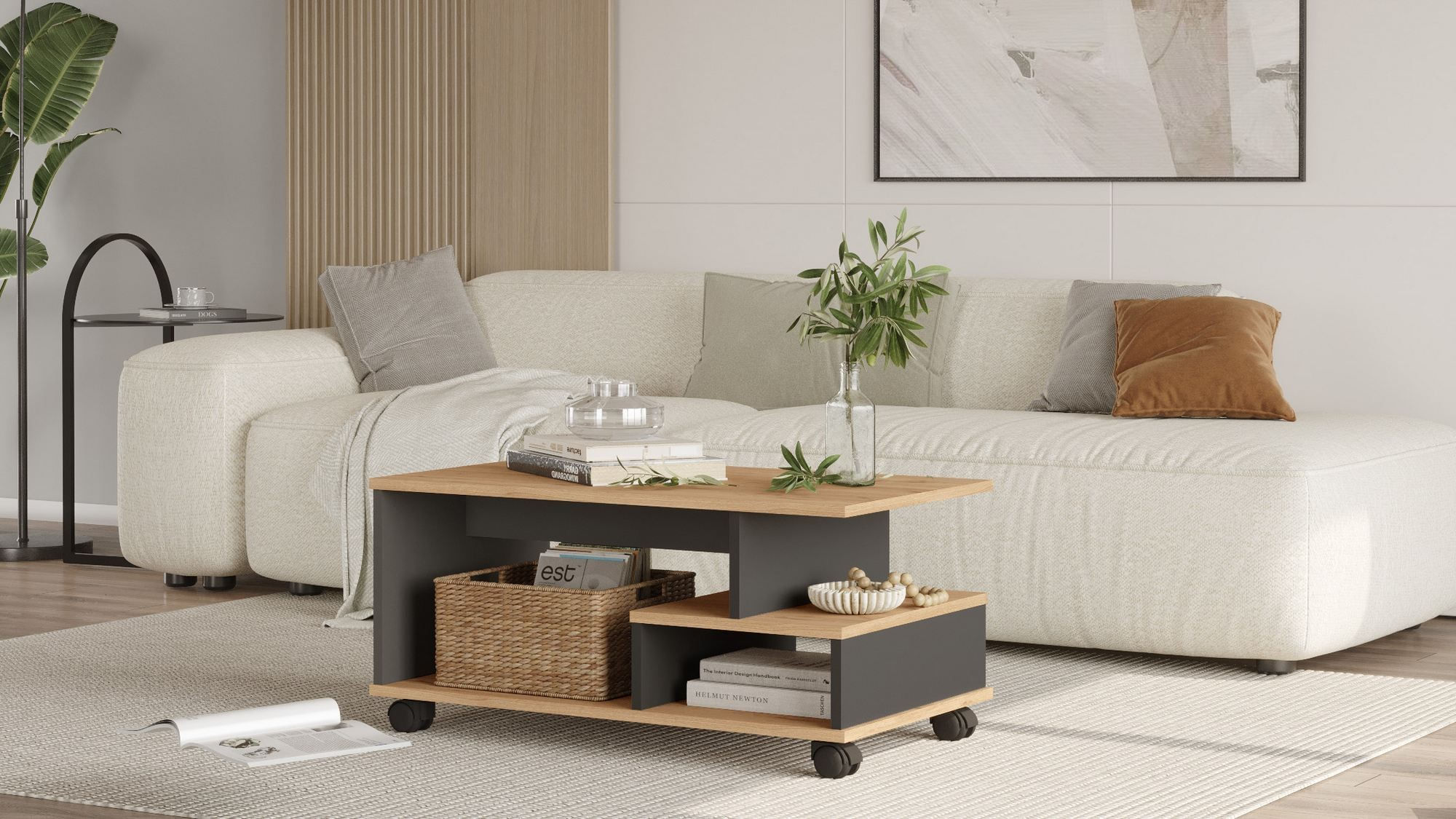 Masa de cafea MIN9-SA, 90 x 42,5 x 51 cm, stejar antracit, PAL melaminat, design compact — imaginea 5