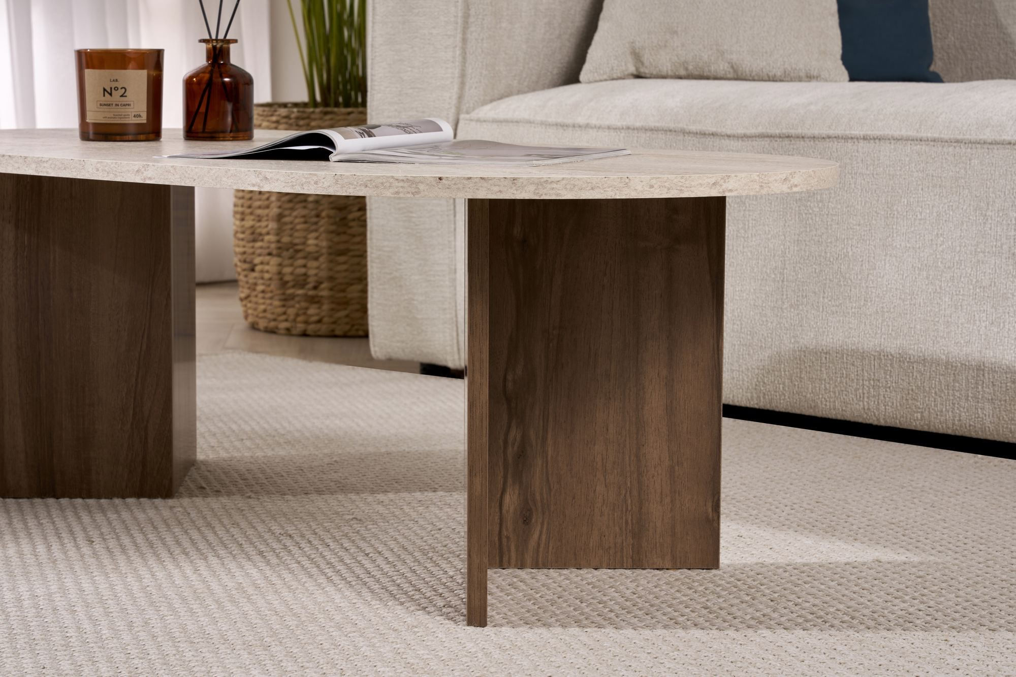 Masa de cafea Sable, 119 x 40 x 60 cm, travertin nuc, PAL melaminat, design compact — imaginea 2