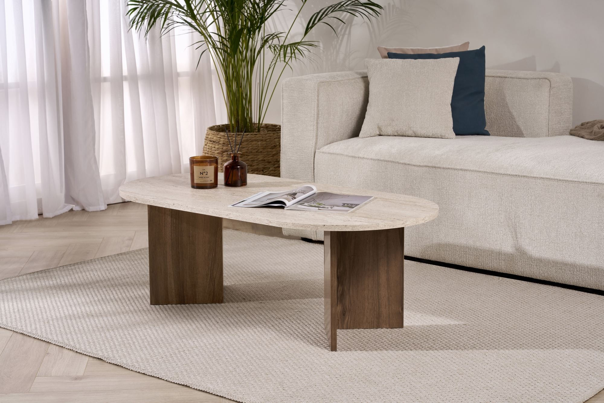 Masa de cafea Sable, 119 x 40 x 60 cm, travertin nuc, PAL melaminat, design compact — imaginea 3