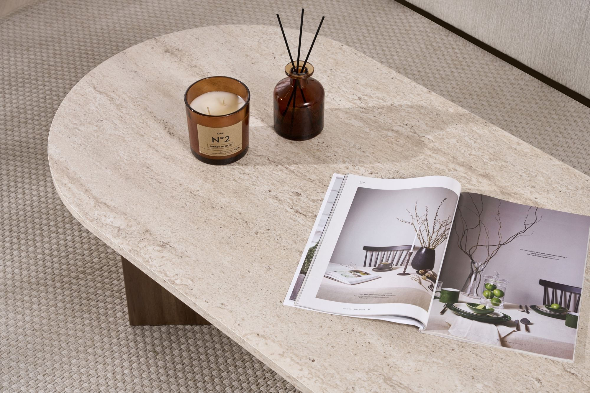 Masa de cafea Sable, 119 x 40 x 60 cm, travertin nuc, PAL melaminat, design compact — imaginea 6
