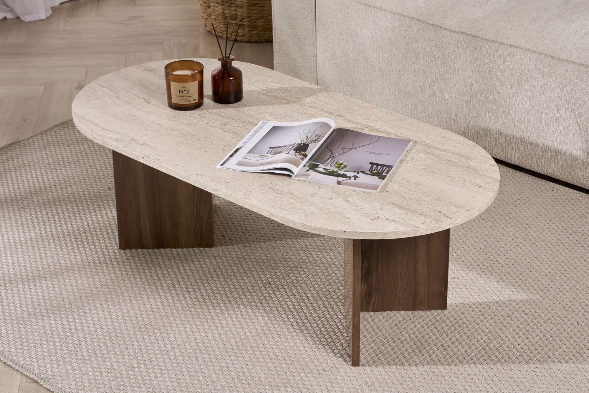 Masa de cafea Sable, 119 x 40 x 60 cm, travertin nuc, PAL melaminat, design compact — imaginea 7