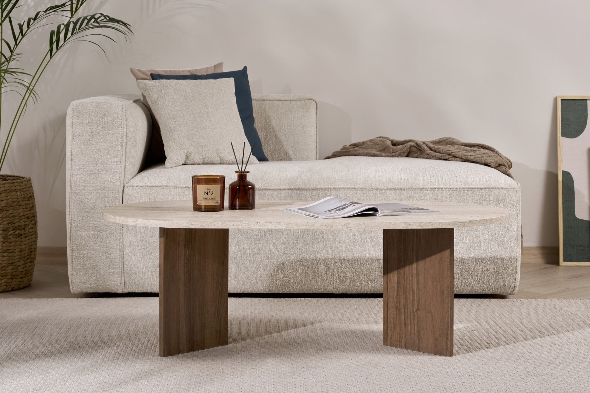 Masa de cafea Sable, 119 x 40 x 60 cm, travertin nuc, PAL melaminat, design compact — imaginea 8