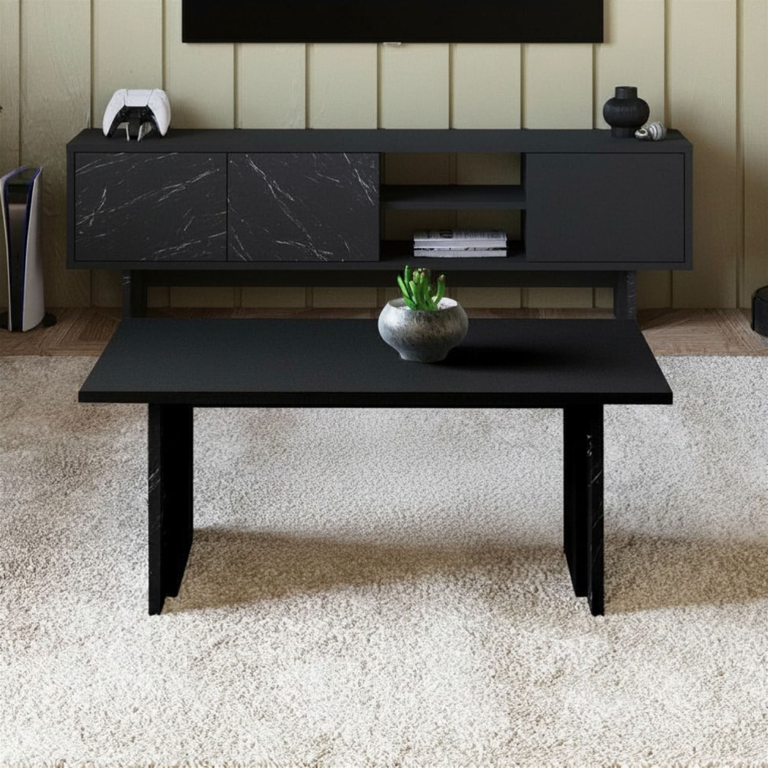 Masa de cafea Ravello, 90 x 40 x 50 cm, negru marmura, PAL melaminat, design compact, negru / marble — imaginea 2