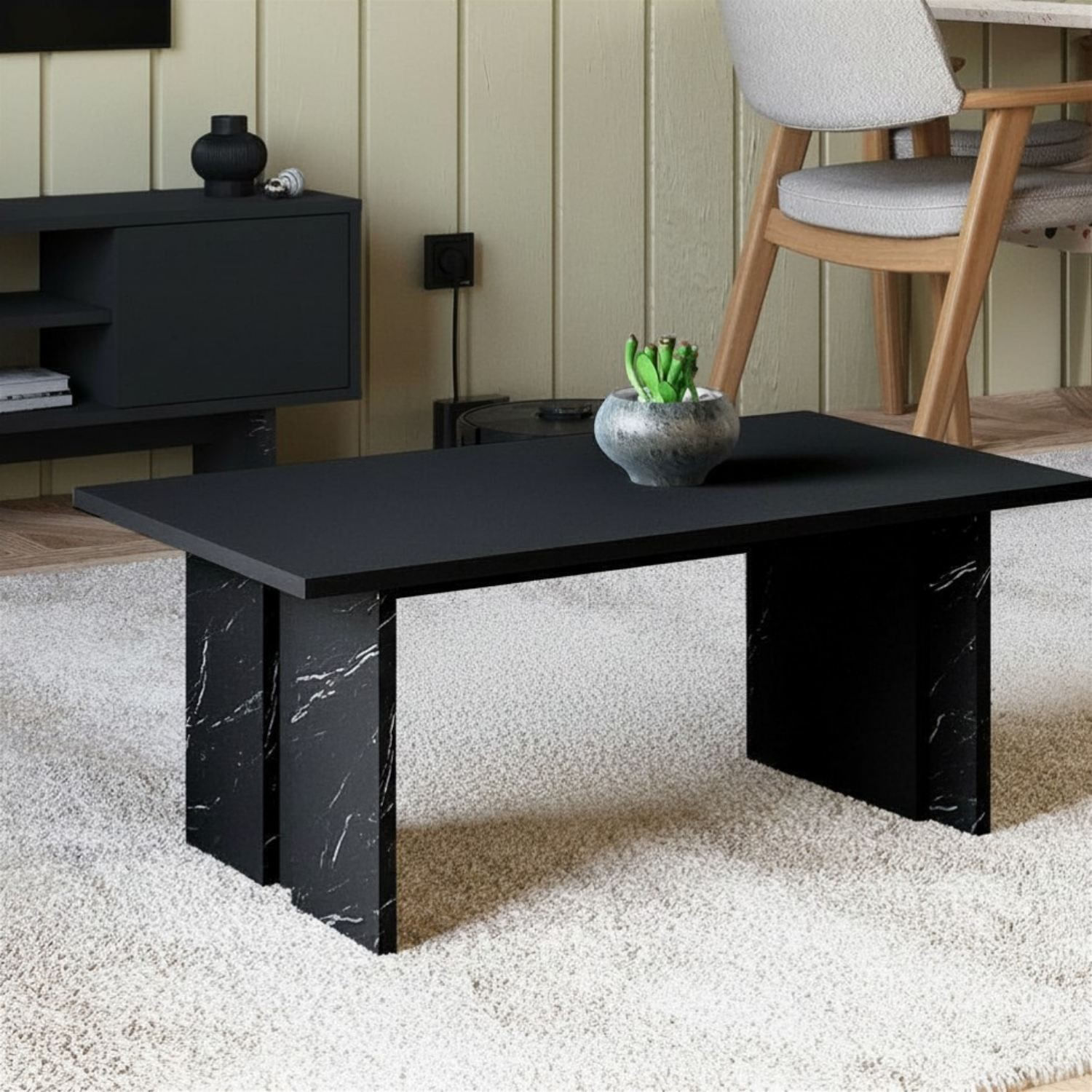 Masa de cafea Ravello, 90 x 40 x 50 cm, negru marmura, PAL melaminat, design compact, negru / marble — imaginea 4