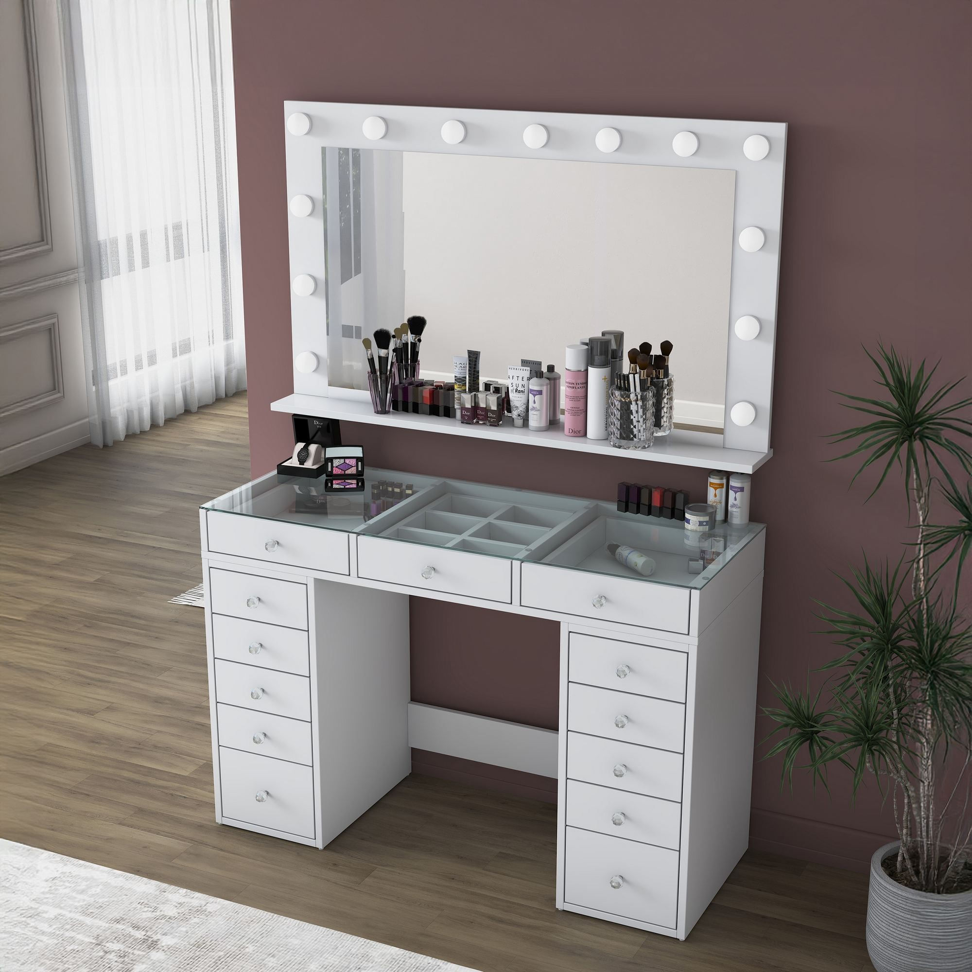 Masa de machiaj BJ195, 120 x 79,8 x 44,5 cm, alb, PAL, oglinda inclusa — imaginea 2