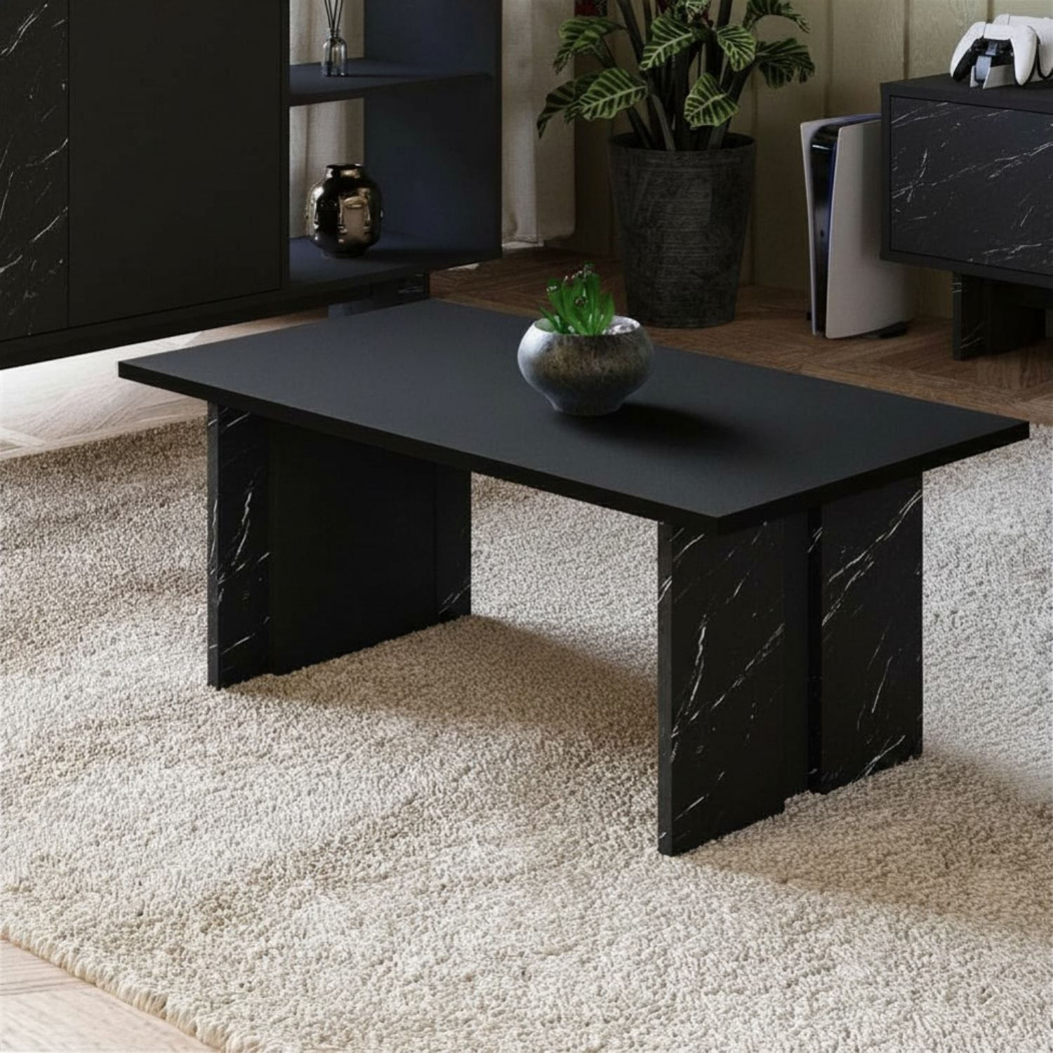 Masa de cafea Ravello, 90 x 40 x 50 cm, negru marmura, PAL melaminat, design compact, negru / marble — imaginea 5