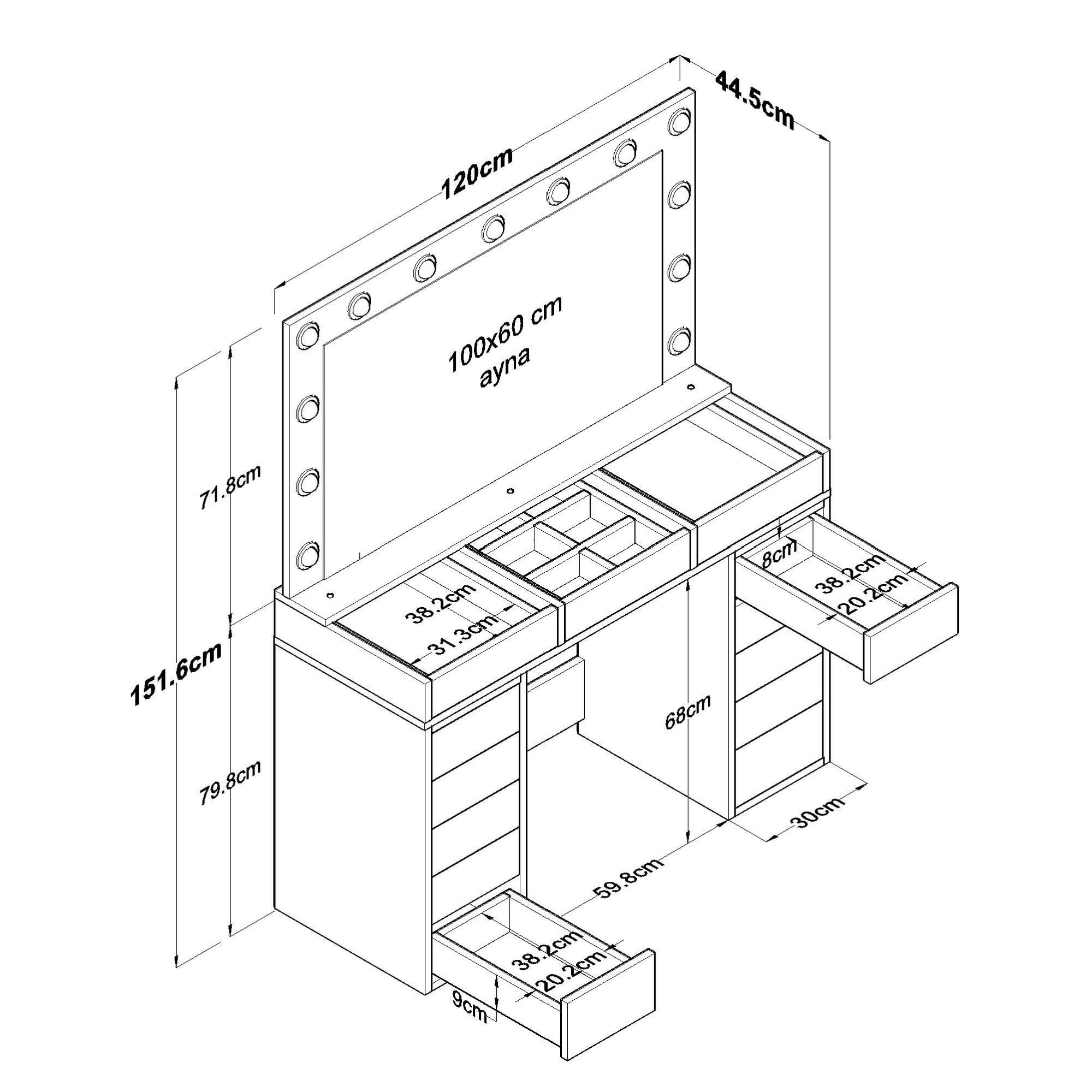 Masa de machiaj BJ195, 120 x 79,8 x 44,5 cm, alb, PAL, oglinda inclusa — imaginea 7