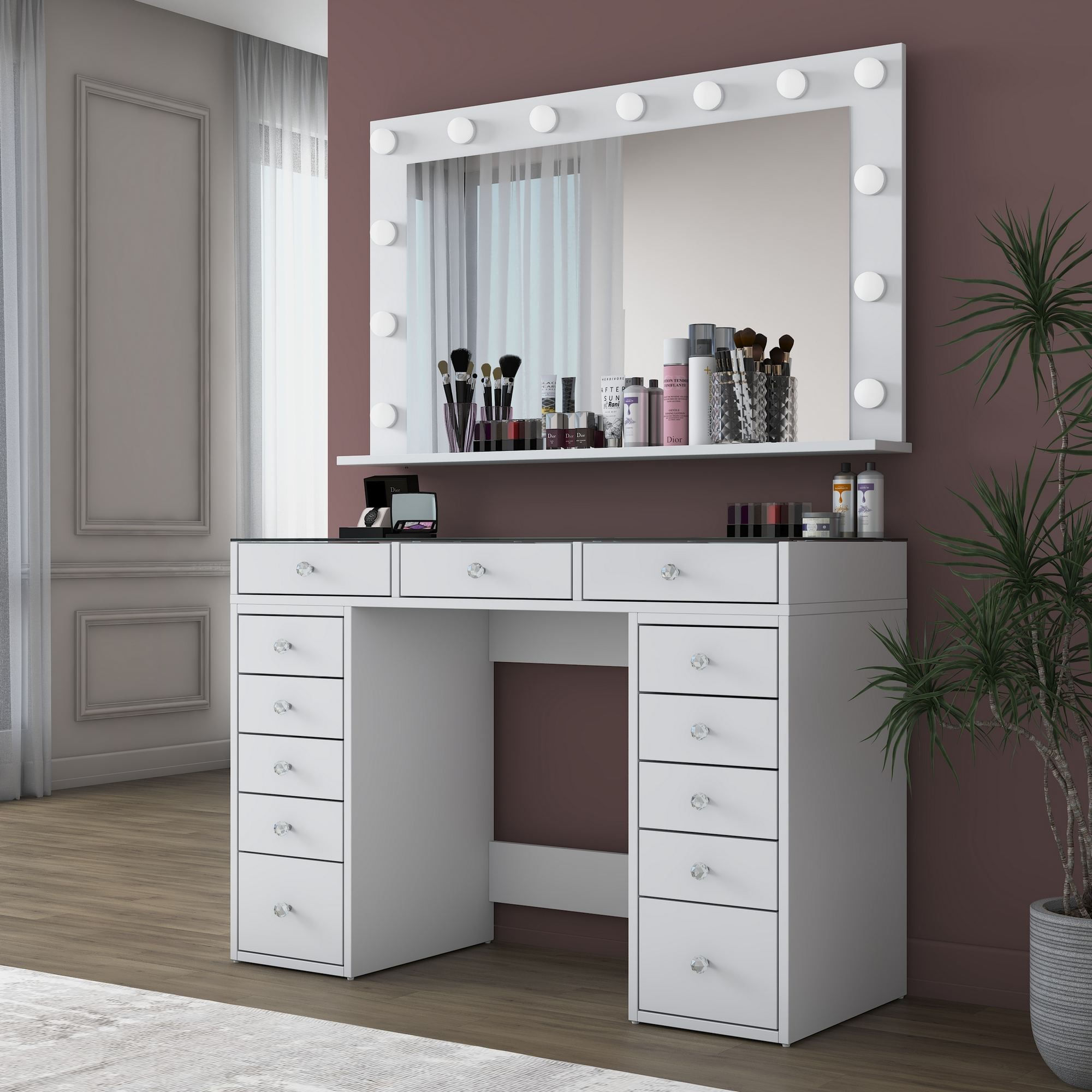 Masa de machiaj BJ195, 120 x 79,8 x 44,5 cm, alb, PAL, oglinda inclusa — imaginea 8