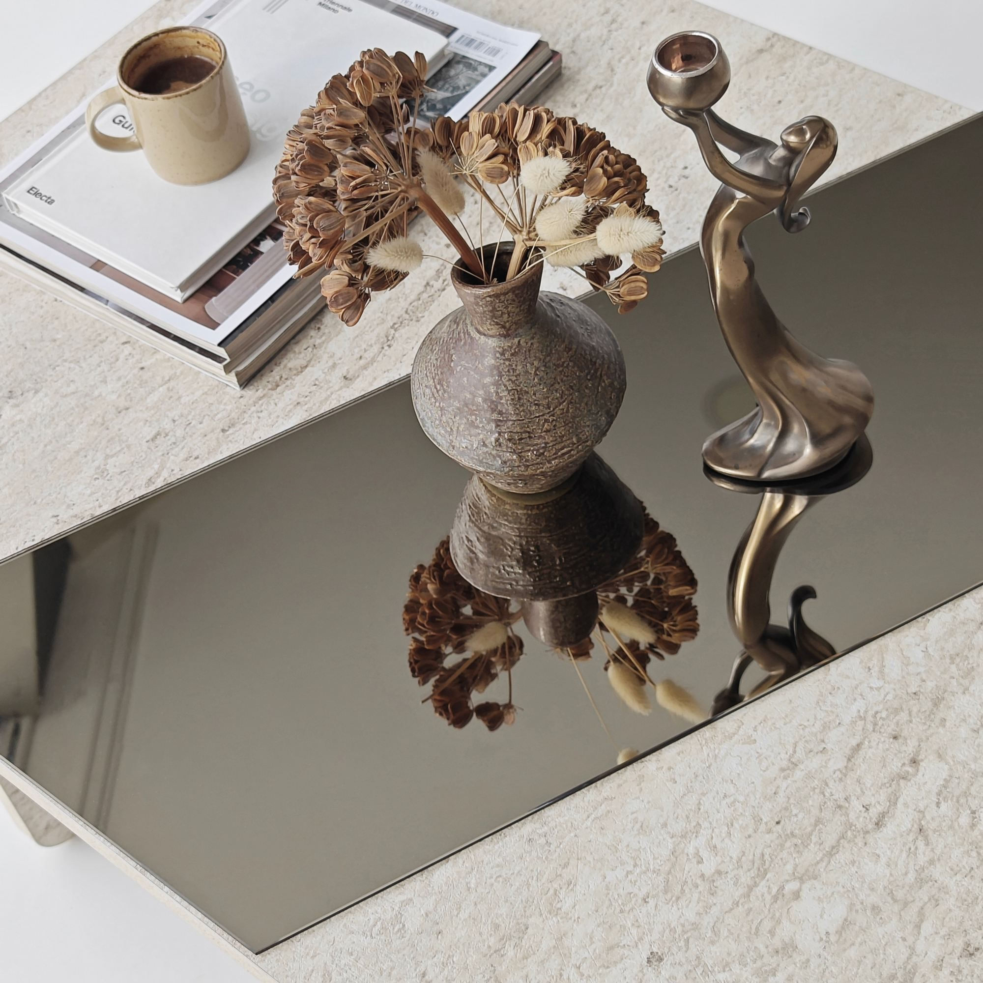 Masa de cafea Favorite, 120 x 38 x 60 cm, PAL melaminat, oglinda LED, bronz / travertin — imaginea 3