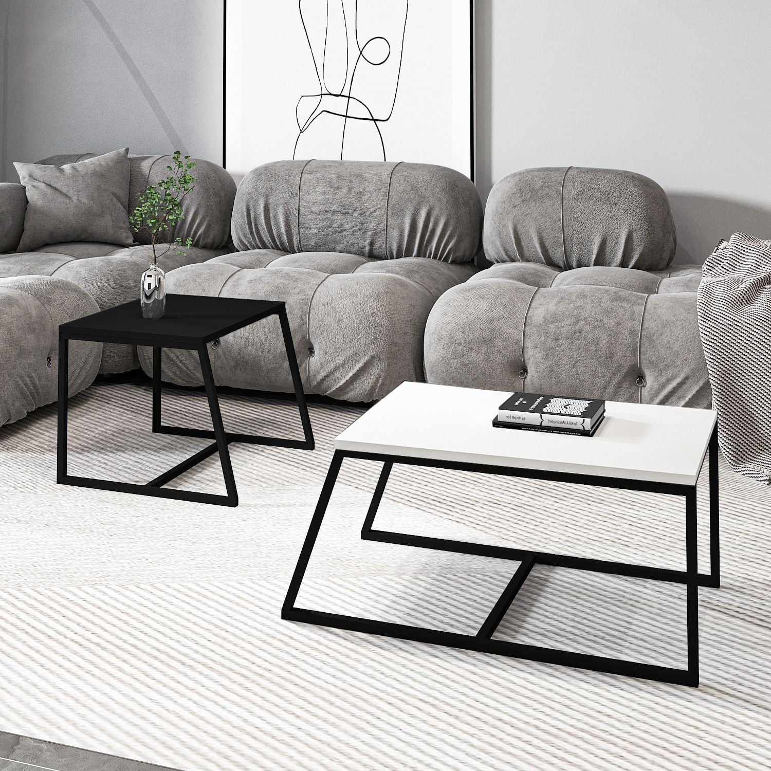 Masa de cafea Minimal, 80 x 38 x 50 cm, alb negru, PAL melaminat, design compact — imaginea 2