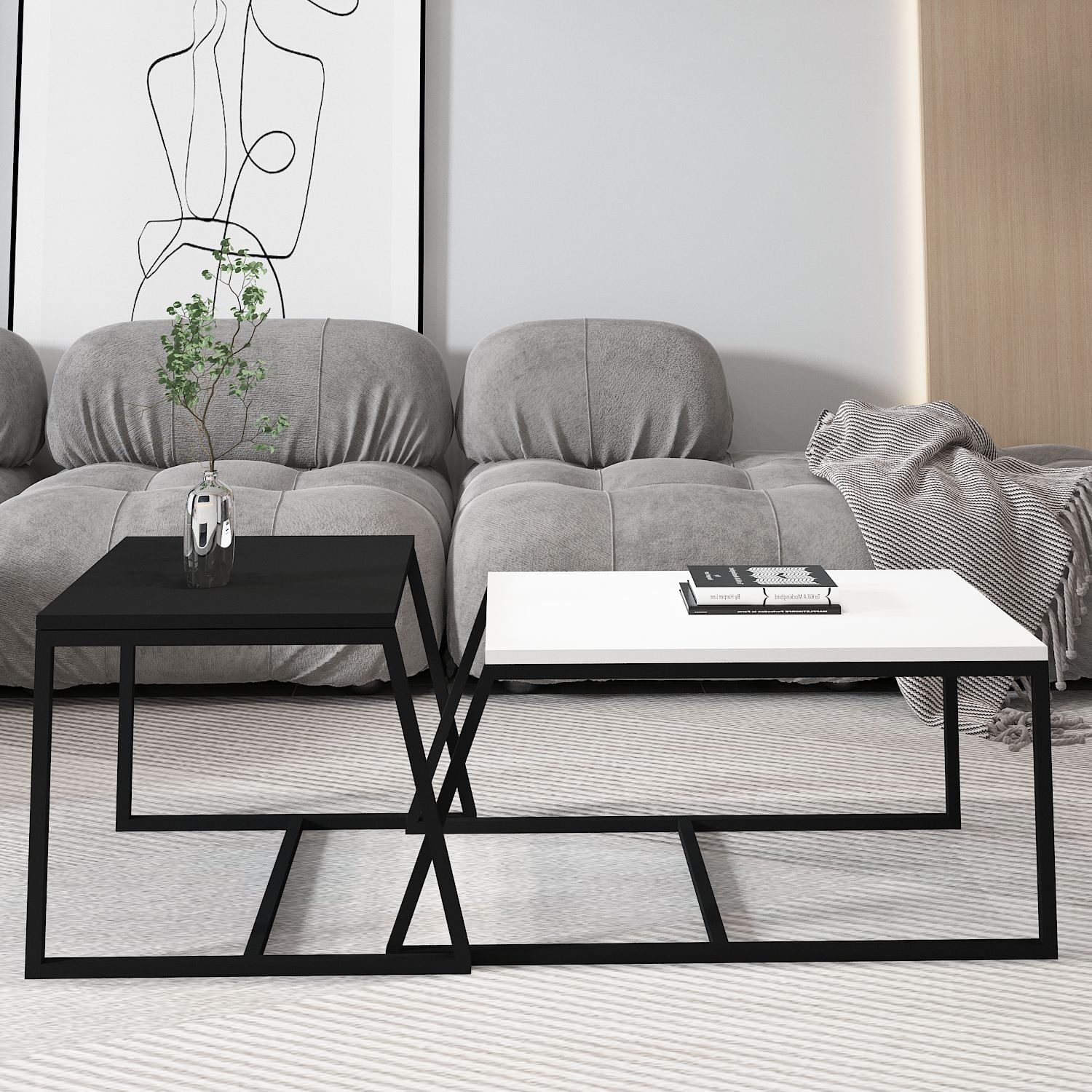Masa de cafea Minimal, 80 x 38 x 50 cm, alb negru, PAL melaminat, design compact — imaginea 4