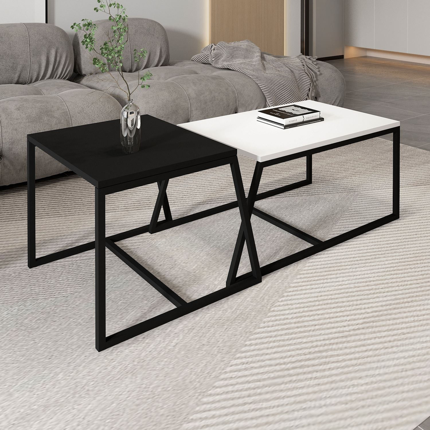 Masa de cafea Minimal, 80 x 38 x 50 cm, alb negru, PAL melaminat, design compact — imaginea 5