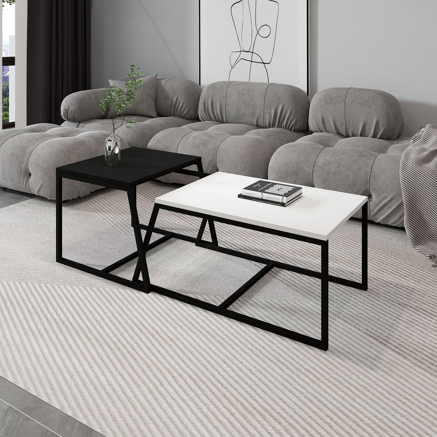 Masa de cafea Minimal, 80 x 38 x 50 cm, alb negru, PAL melaminat, design compact — imaginea 6