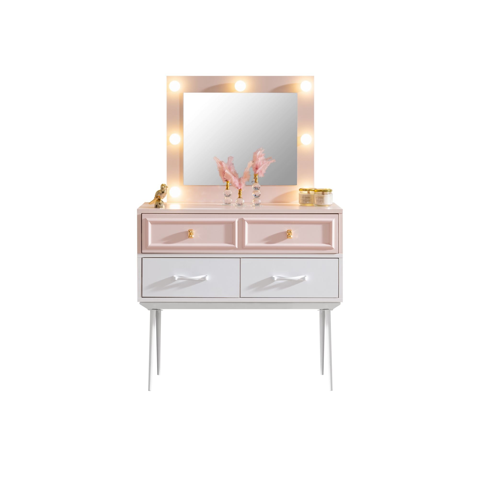 Masa de machiaj Rosa, 90 x 81 x 45 cm, roz alb, PAL melaminat, oglinda LED — imaginea 4