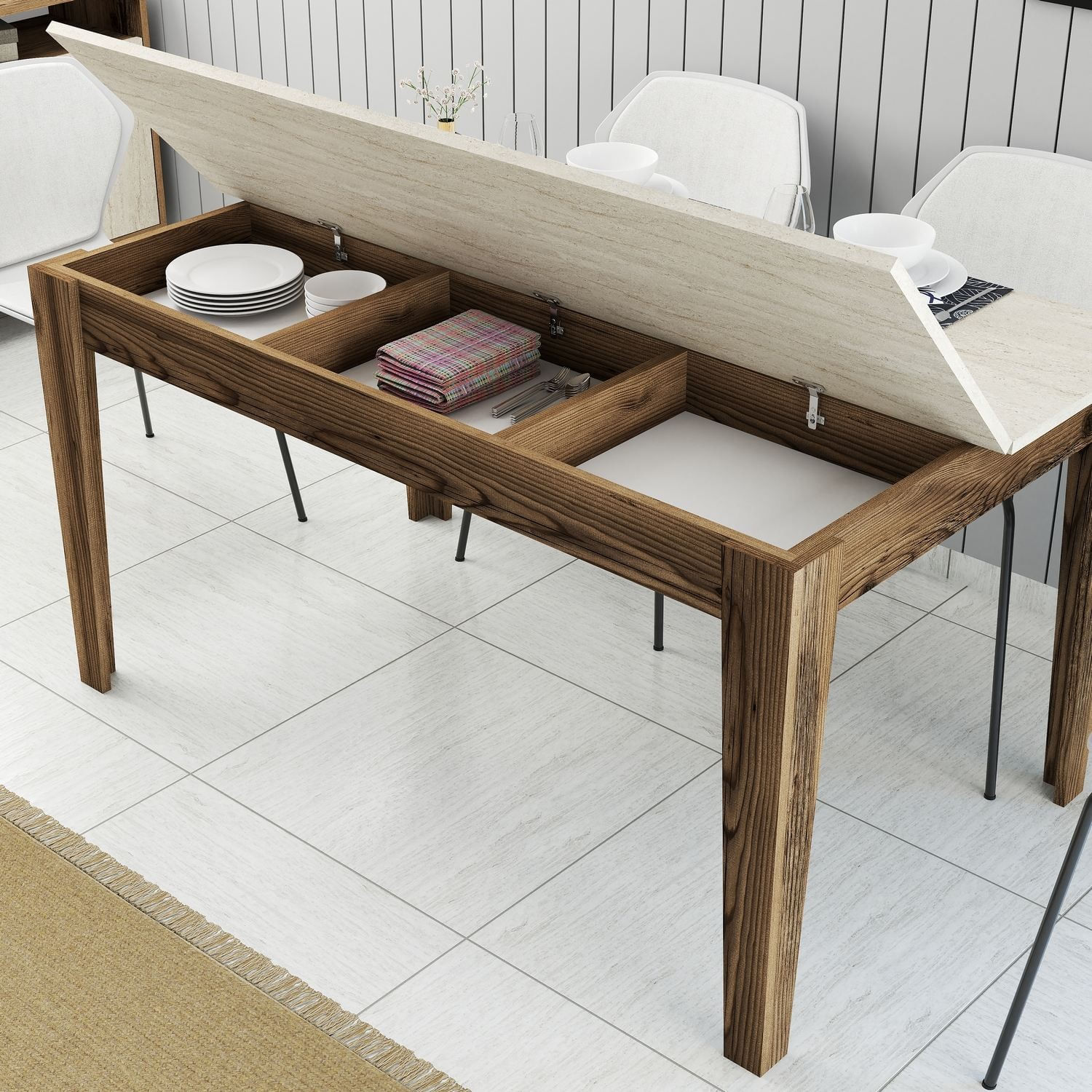 Masa dining Milan 898, 145 x 75 x 88 cm, PAL melaminat, nuc / travertin — imaginea 2