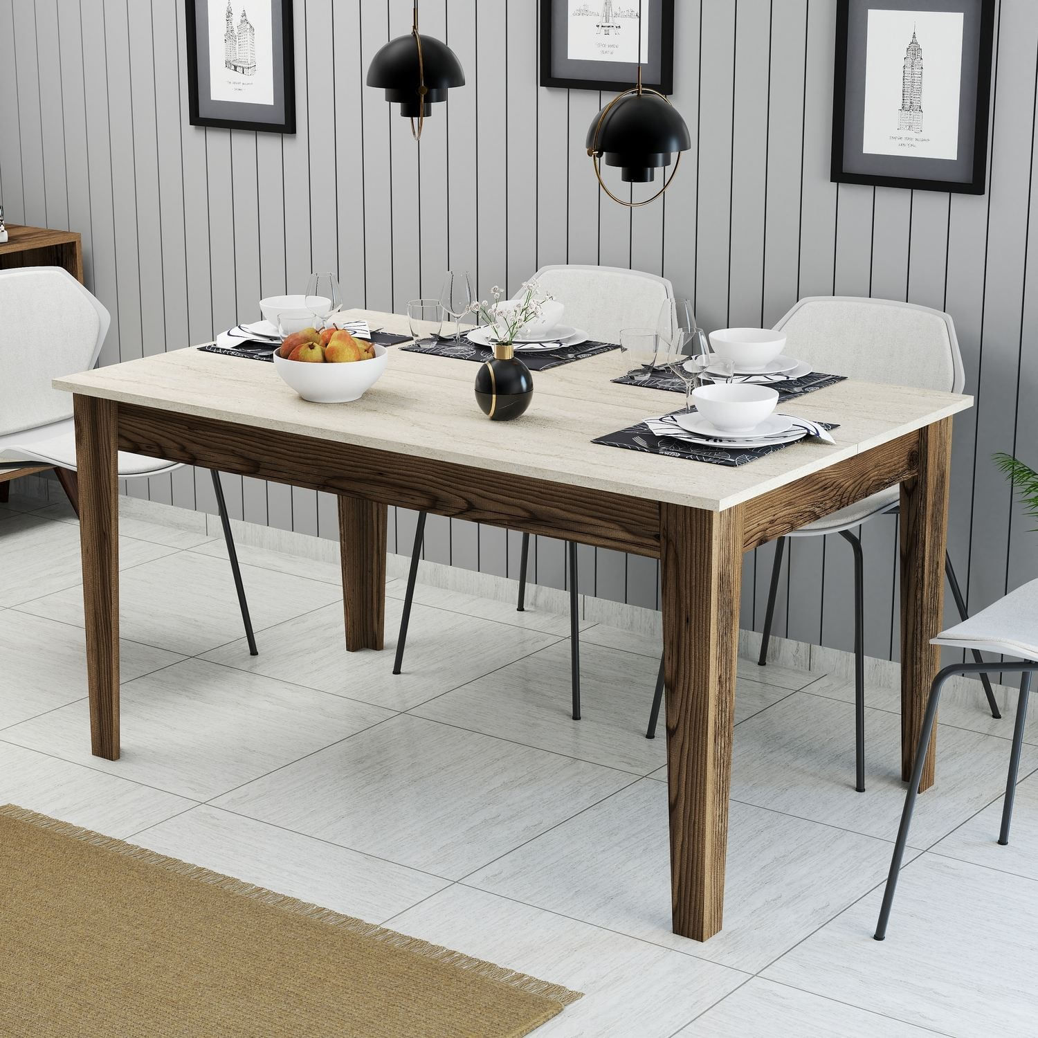 Masa dining Milan 898, 145 x 75 x 88 cm, PAL melaminat, nuc / travertin — imaginea 4