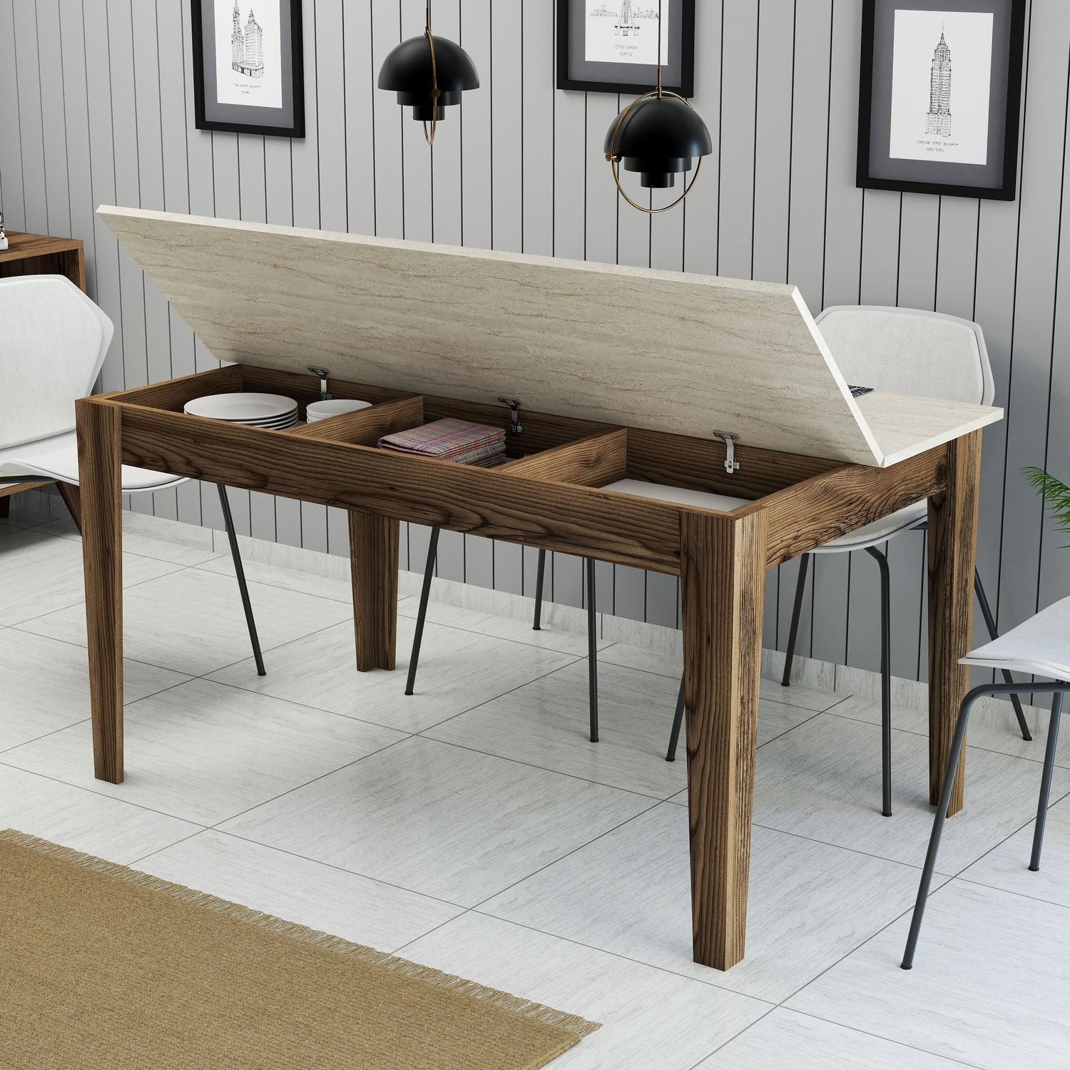 Masa dining Milan 898, 145 x 75 x 88 cm, PAL melaminat, nuc / travertin — imaginea 5
