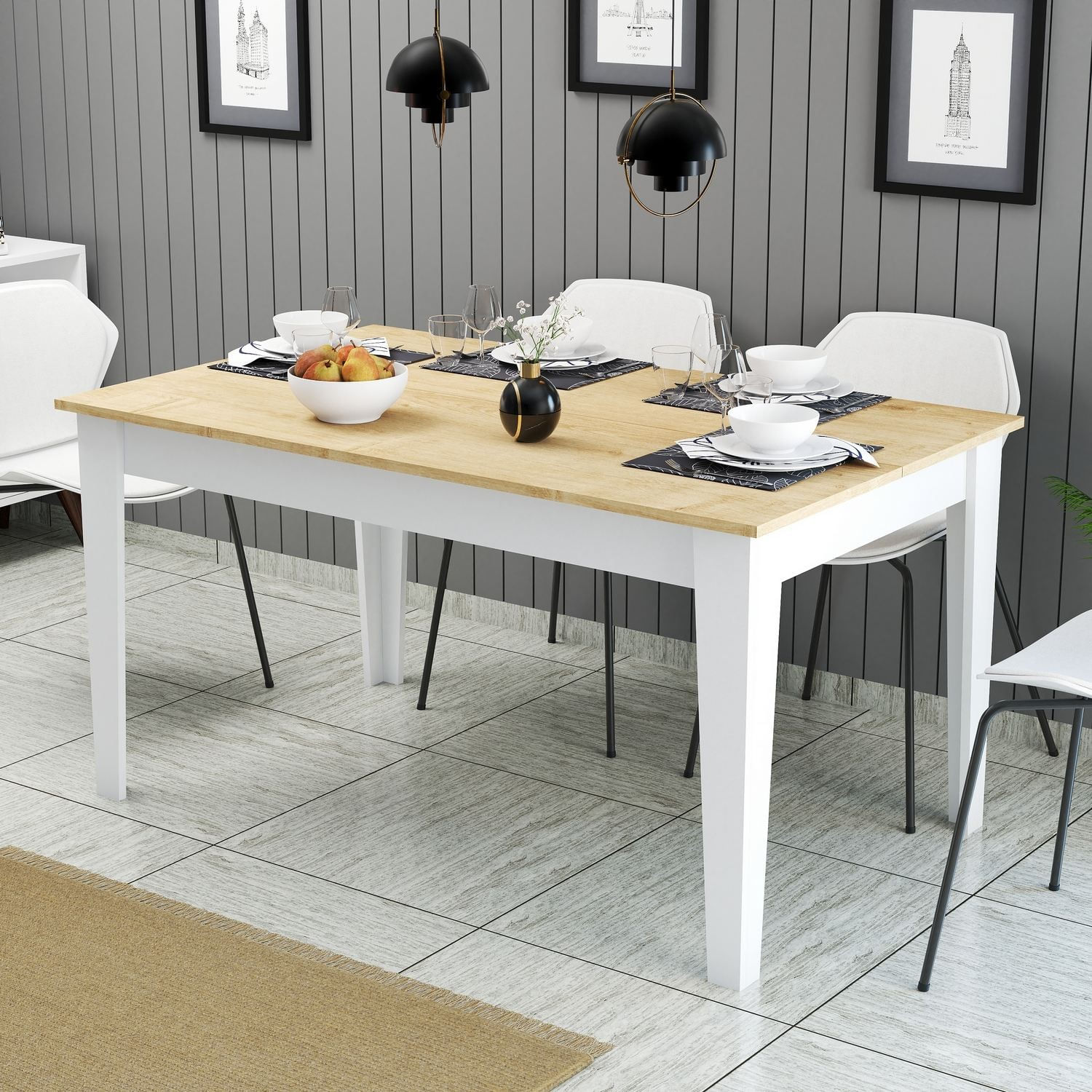 Masa dining Milan 896, 145 x 75 x 88 cm, PAL melaminat, alb / stejar — imaginea 2