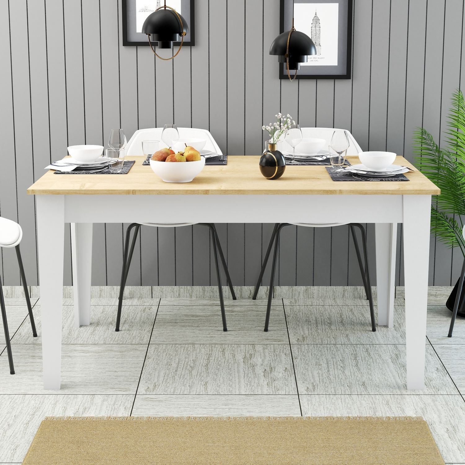 Masa dining Milan 896, 145 x 75 x 88 cm, PAL melaminat, alb / stejar — imaginea 3
