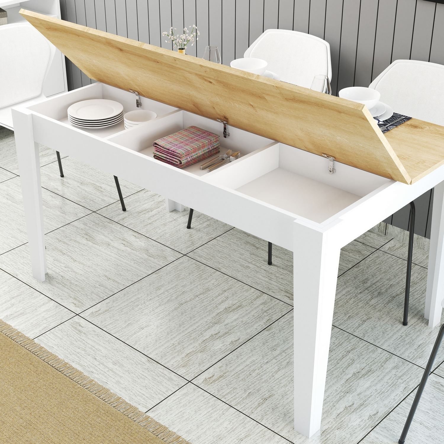 Masa dining Milan 896, 145 x 75 x 88 cm, PAL melaminat, alb / stejar — imaginea 4